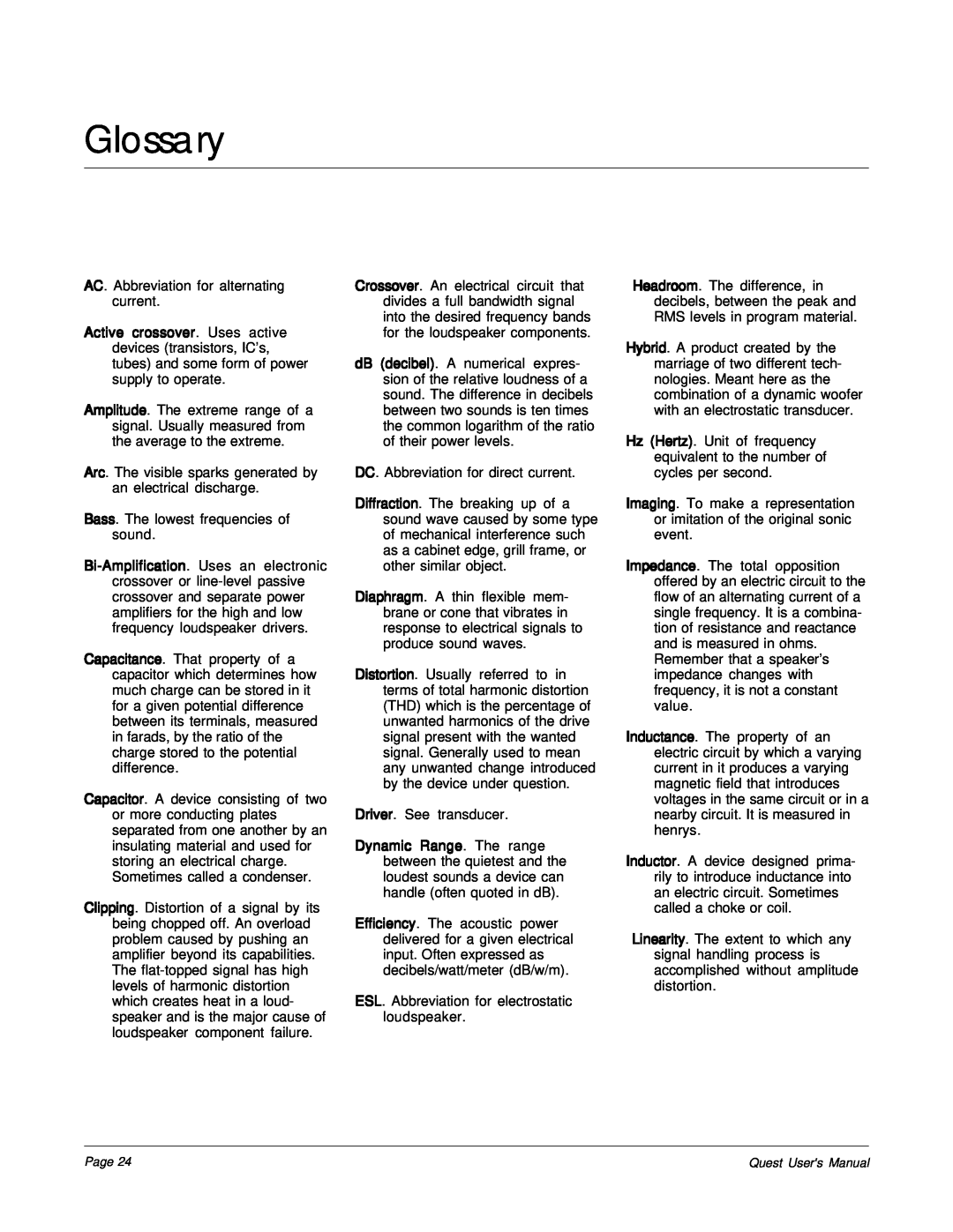 MartinLogan The Quest Speaker System user manual Glossary 