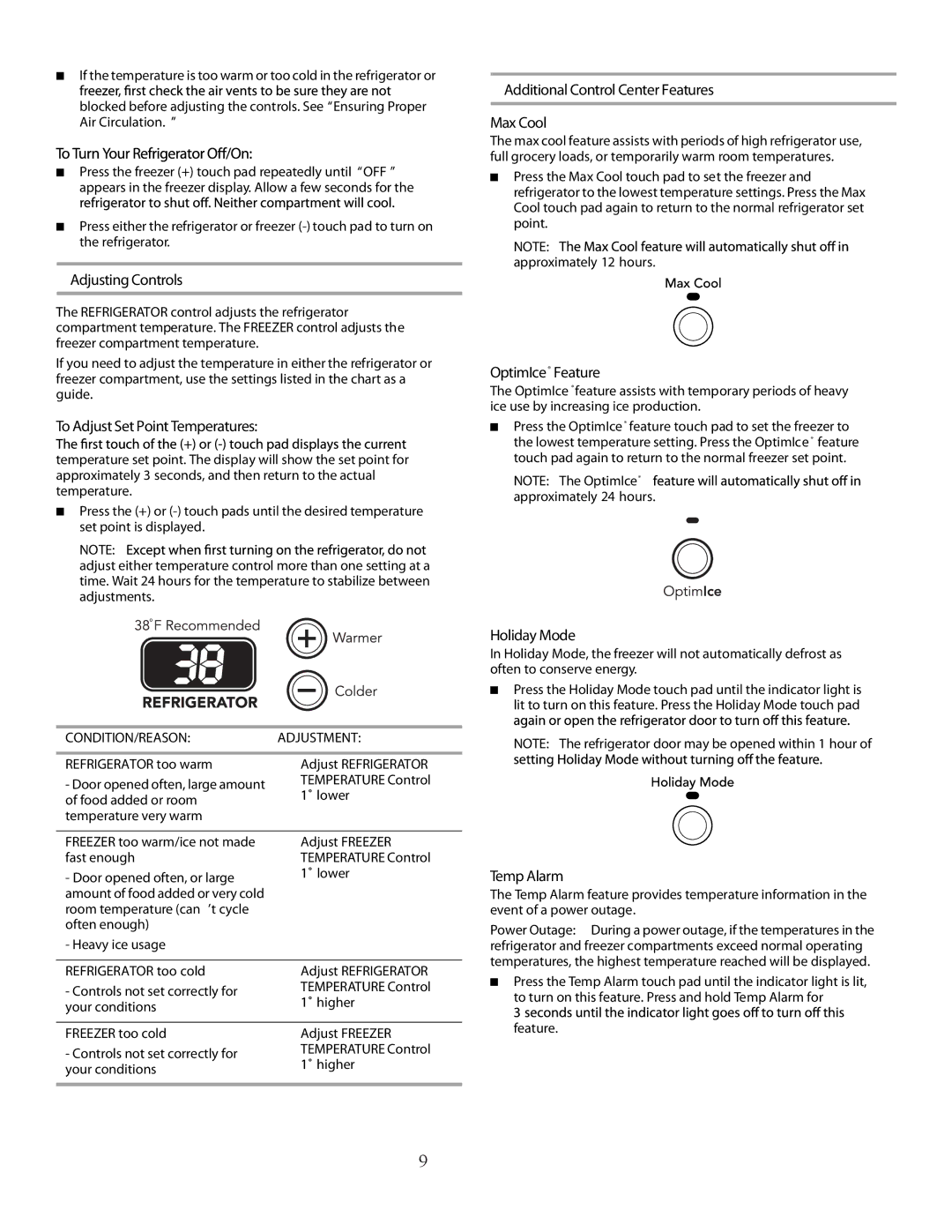 Marvel Group 36 PRO+ Adjusting Controls, To Adjust Set Point Temperatures, Additional Control Center Features Max Cool 