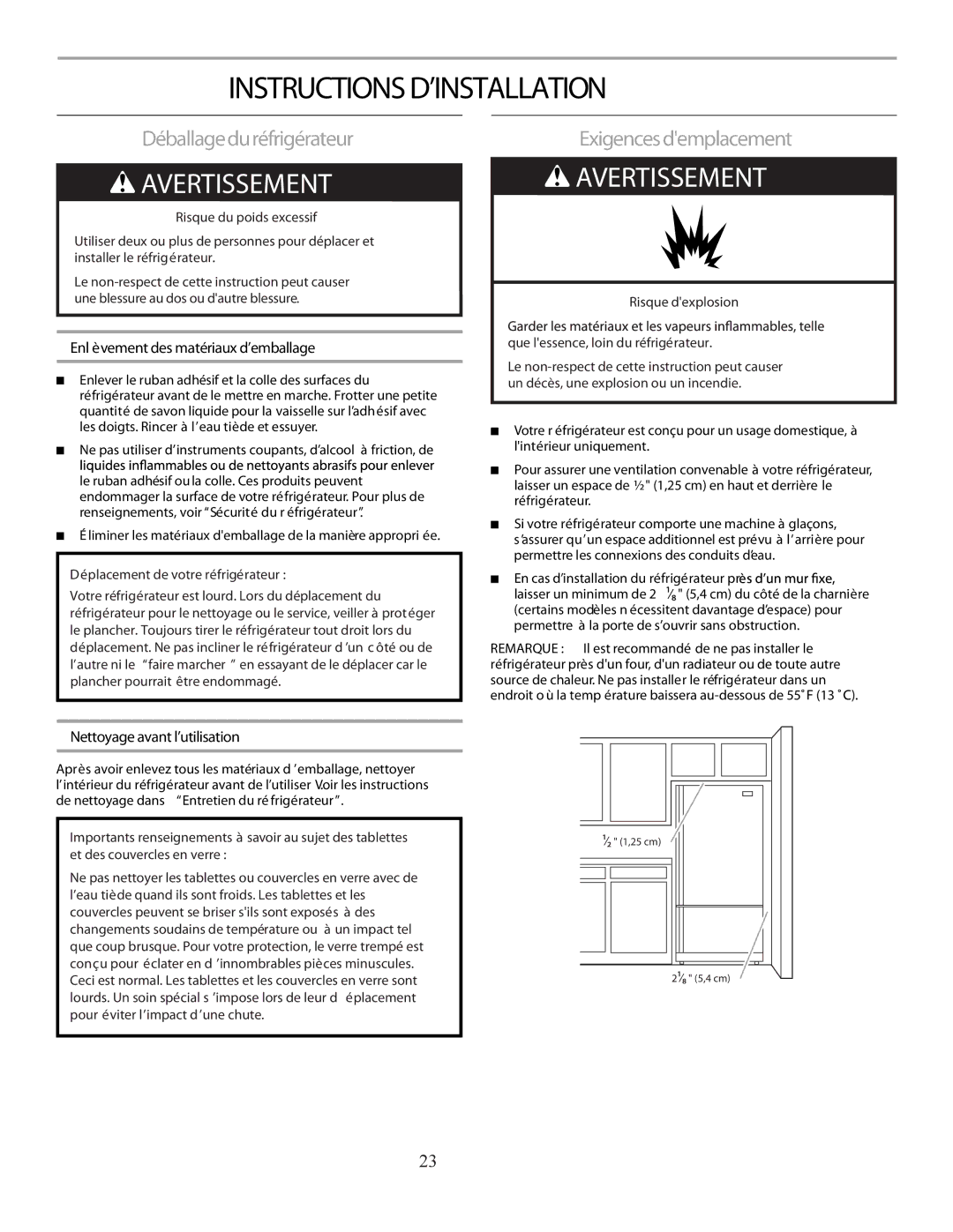 Marvel Group 36 PRO+ manual Instructions D’INSTALLATION, Déballageduréfrigérateur, Exigencesdemplacement 