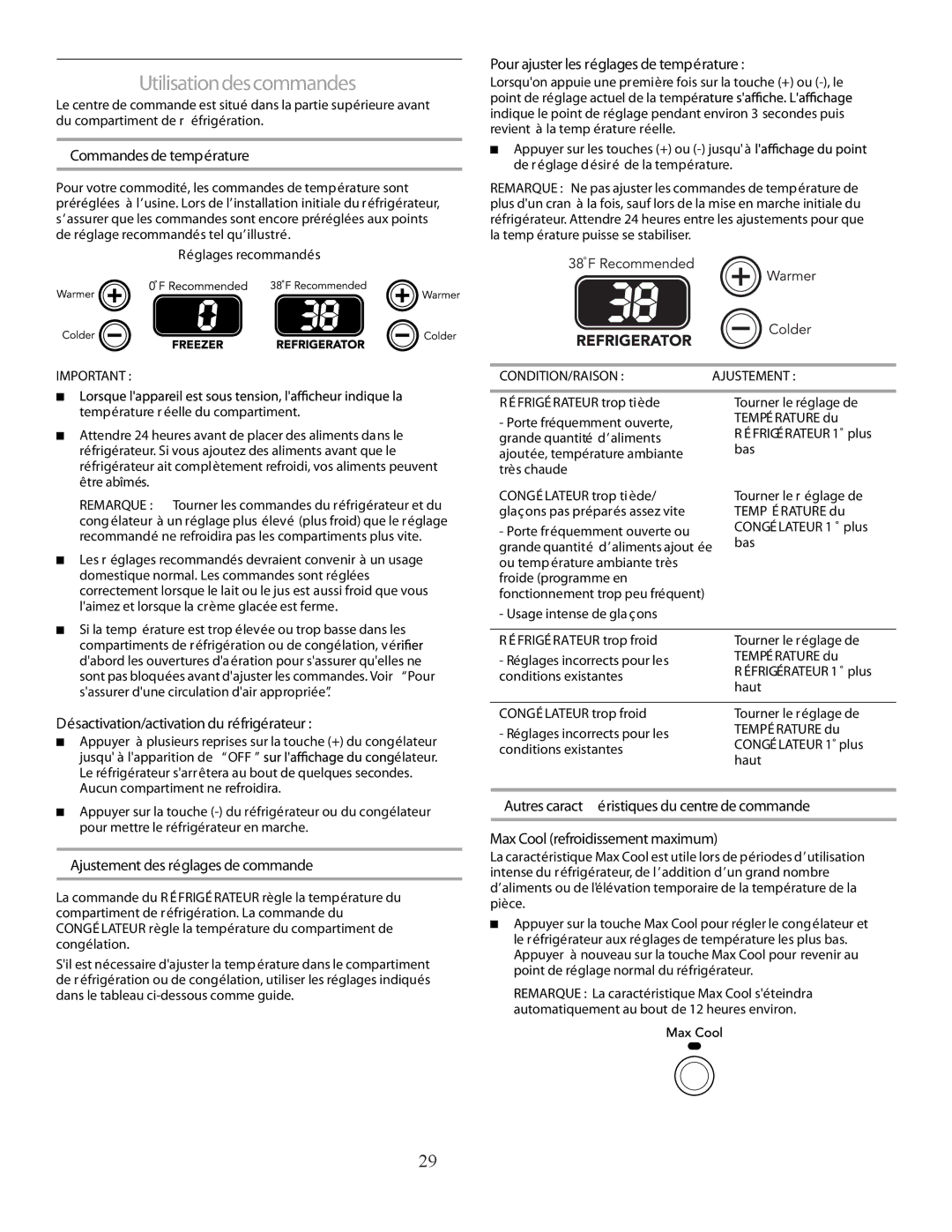 Marvel Group 36 PRO+ manual Commandes de température, Désactivation/activation du réfrigérateur 