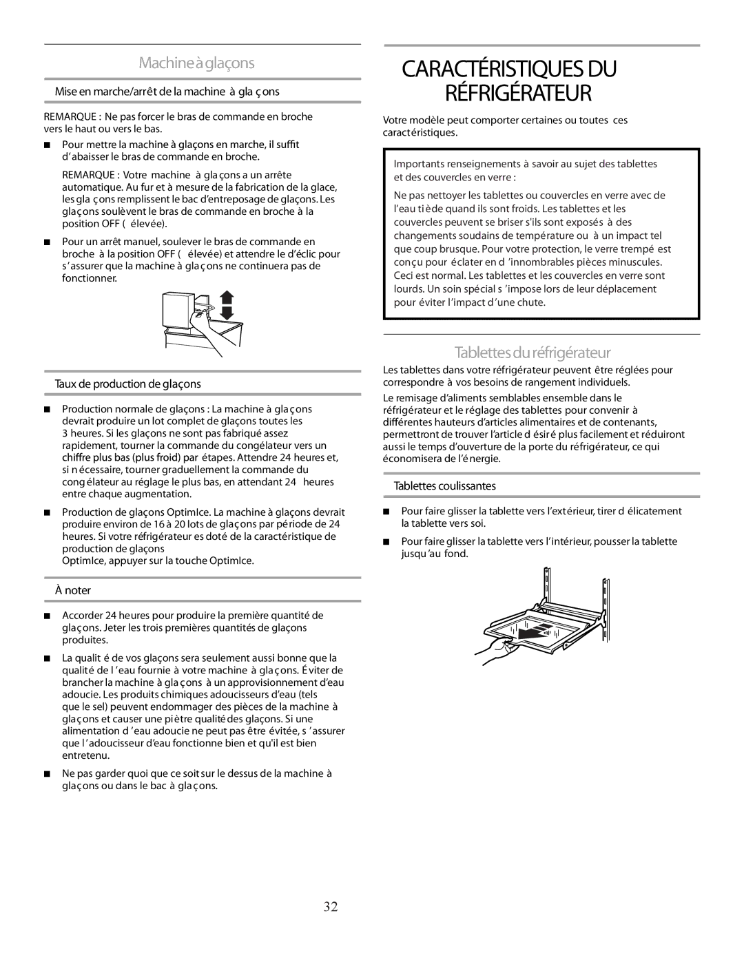 Marvel Group 36 PRO+ manual Caractéristiques DU Réfrigérateur, Machineàglaçons, Tablettesduréfrigérateur 