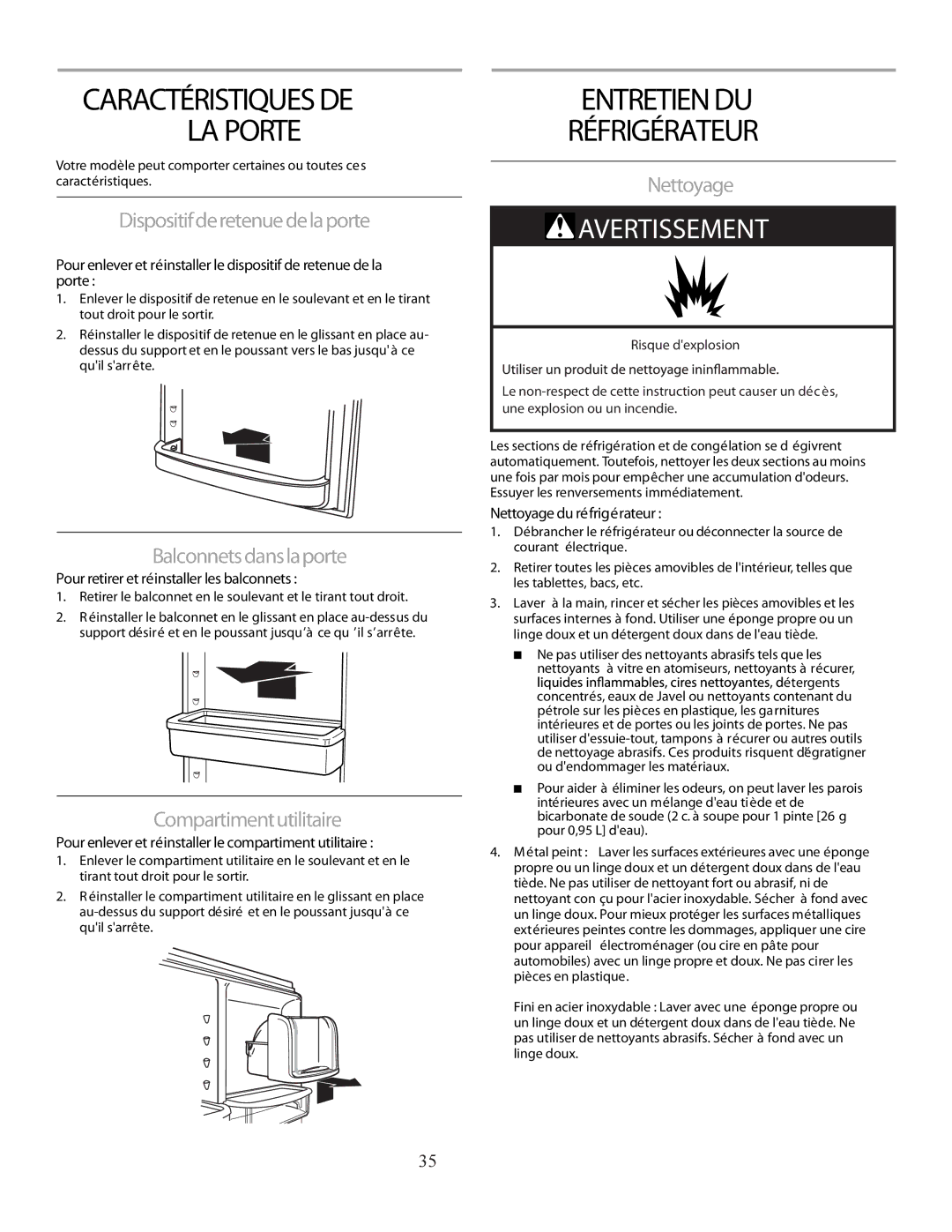 Marvel Group 36 PRO+ manual Pour retirer et réinstaller les balconnets, Nettoyage du réfrigérateur, Risque dexplosion 