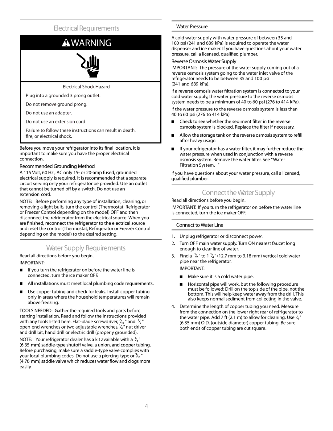 Marvel Group 36 PRO+ manual ElectricalRequirements, Water Supply Requirements, ConnecttheWaterSupply 