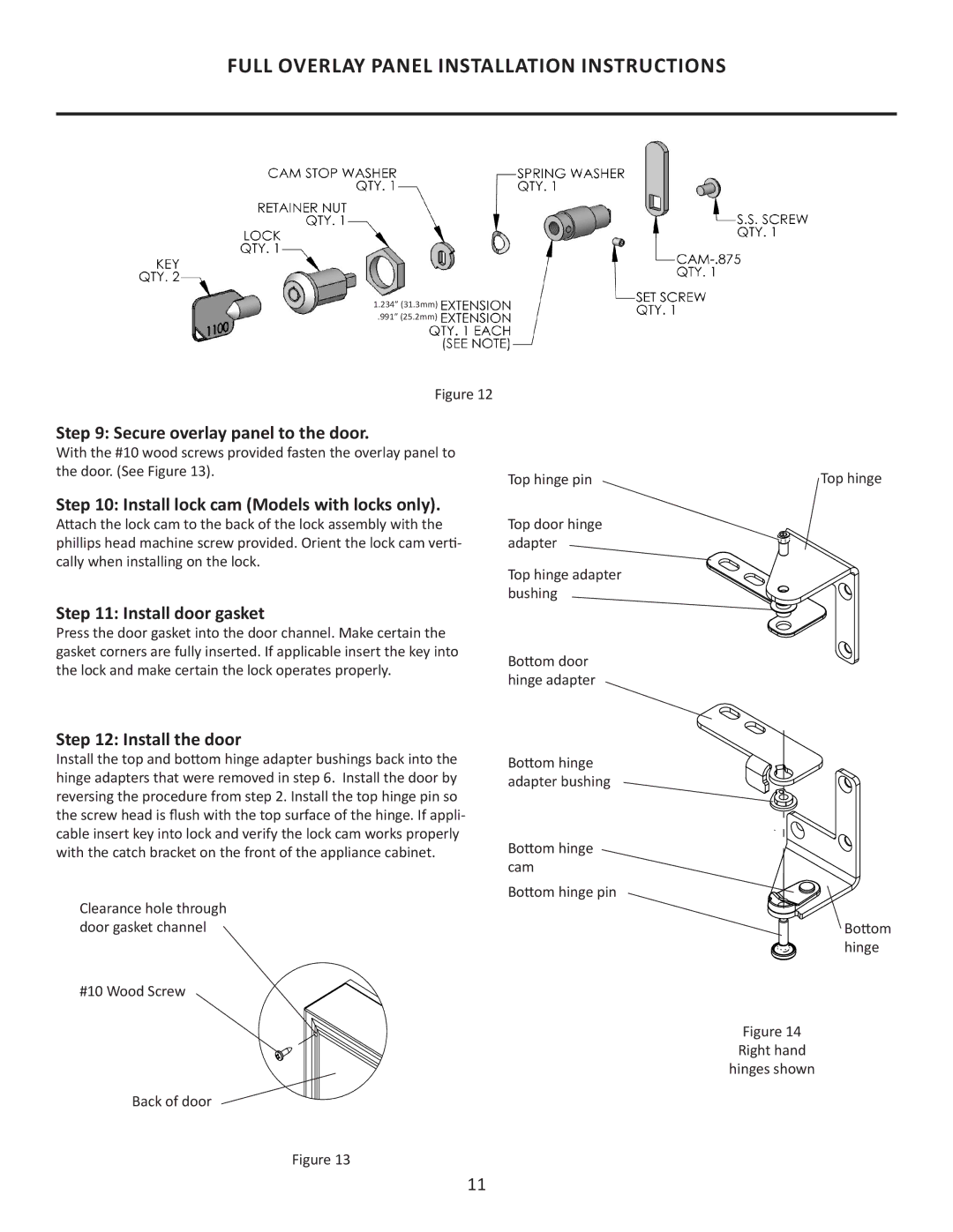 Marvel Group 6GARMP manual Secure overlay panel to the door, Install lock cam Models with locks only, Install door gasket 