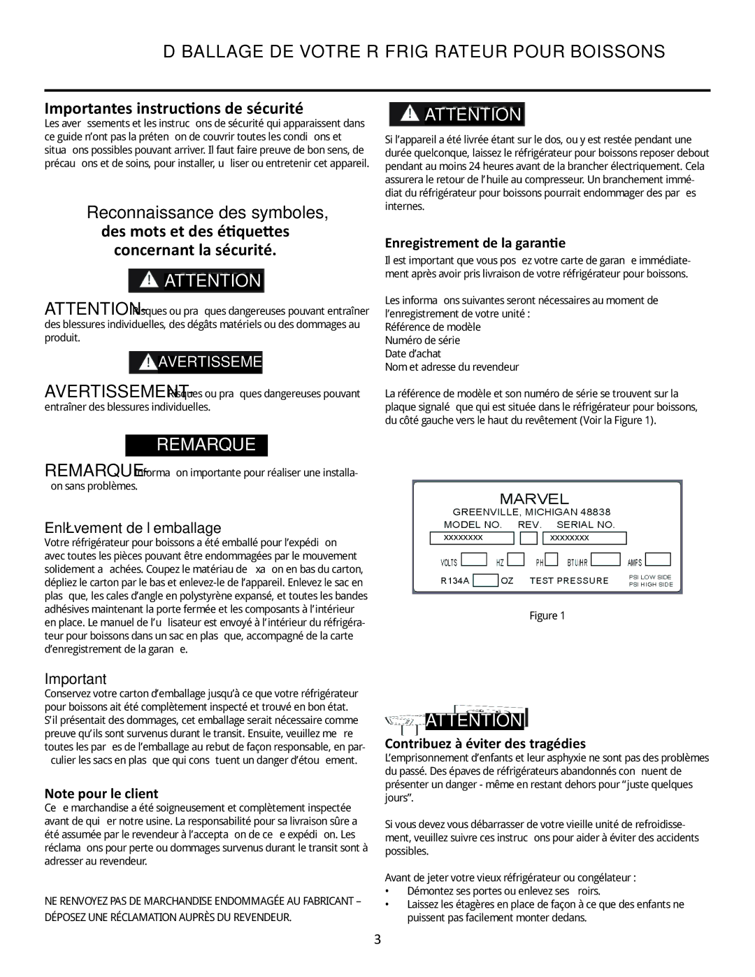 Marvel Group 6GARMP manual Déballage DE Votre Réfrigérateur Pour Boissons, Enregistrement de la garantie 