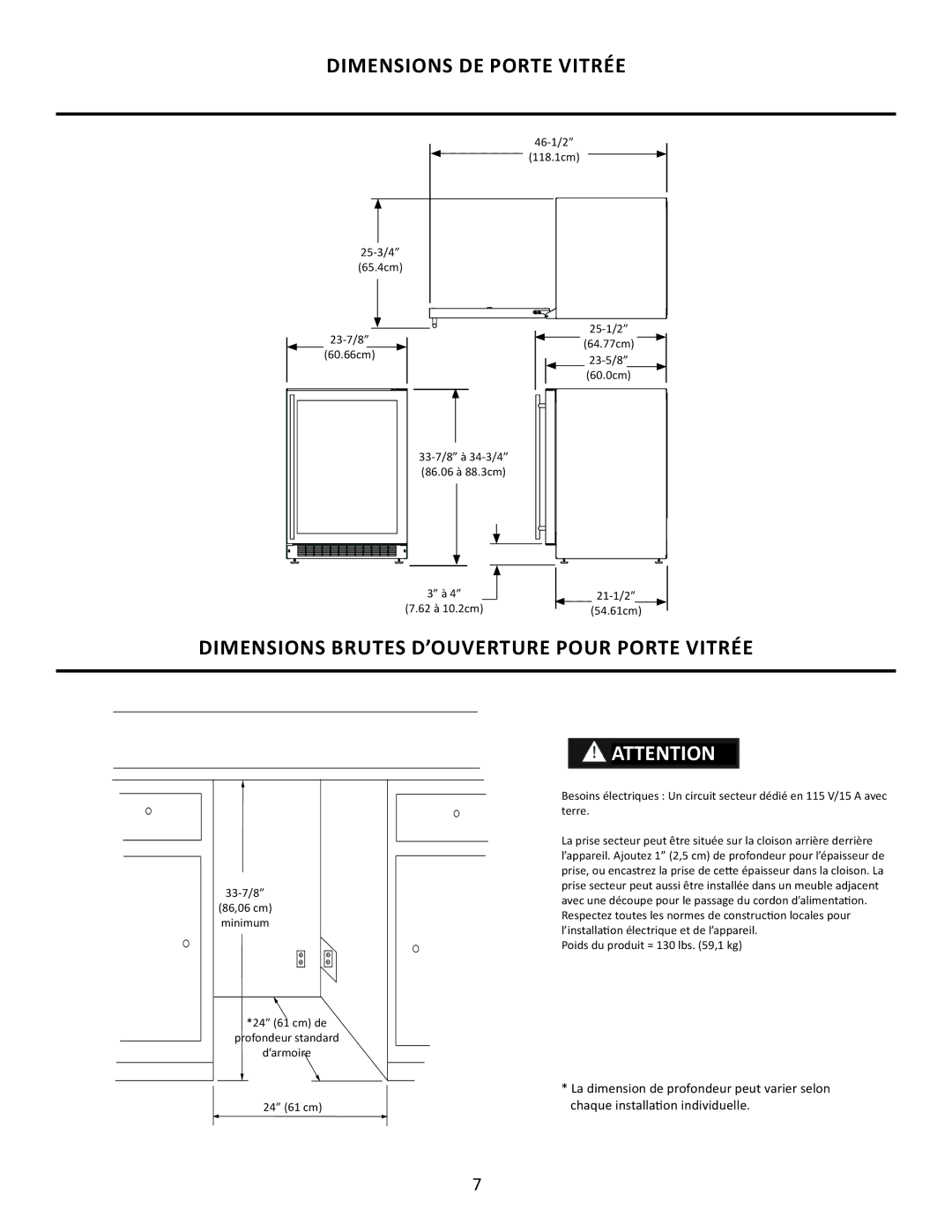 Marvel Group 6GARMP manual Dimensions DE Porte Vitrée, Dimensions Brutes D’OUVERTURE Pour Porte Vitrée 