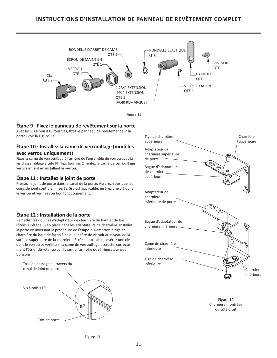 Marvel Group 6GARMP manual Étape 9 Fixez le panneau de revêtement sur la porte, Étape 11 Installez le joint de porte 