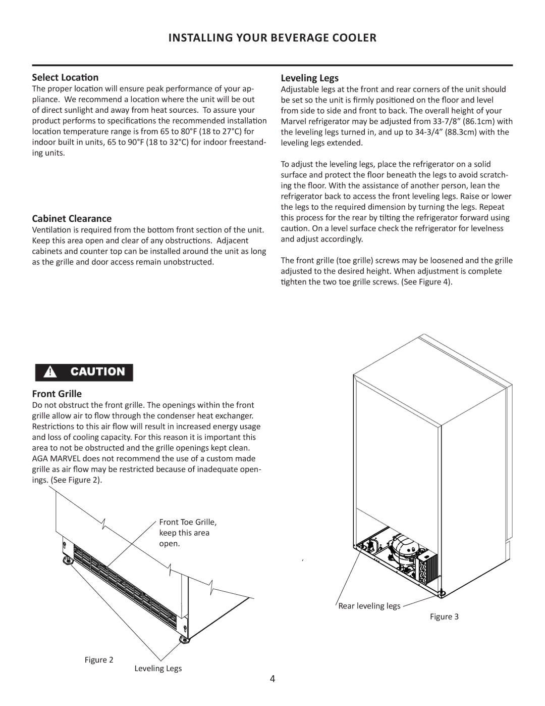 Marvel Group 6GARM manual Installing Your Beverage Cooler, Select Location, Cabinet Clearance, Front Grille, Leveling Legs 