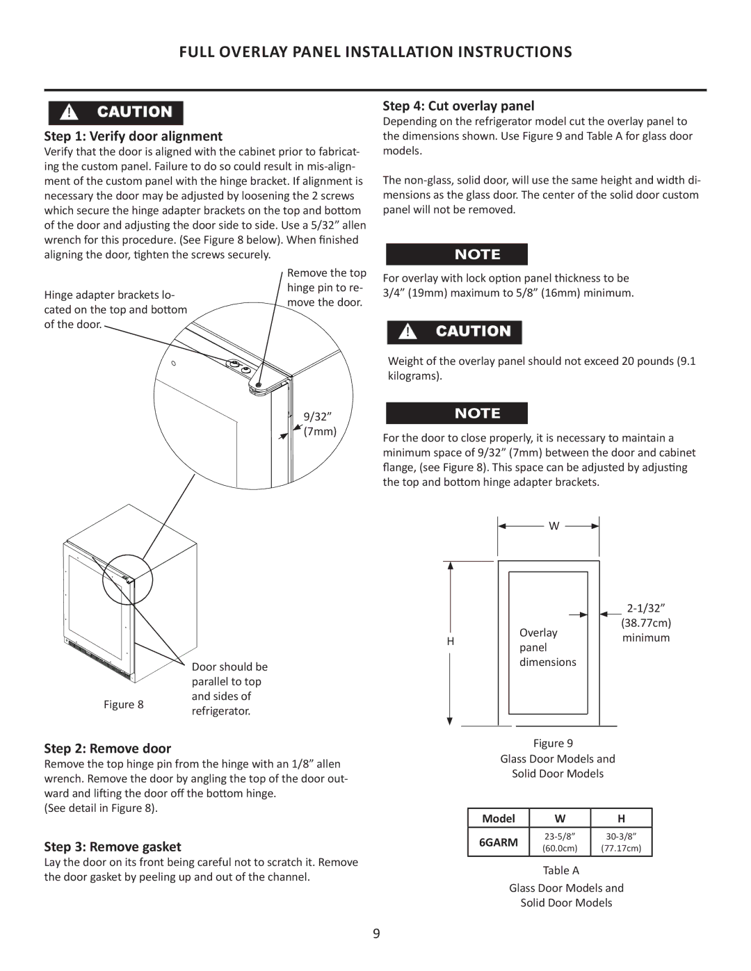 Marvel Group 6GARMP Full Overlay Panel Installation Instructions, Verify door alignment, Cut overlay panel, Remove door 