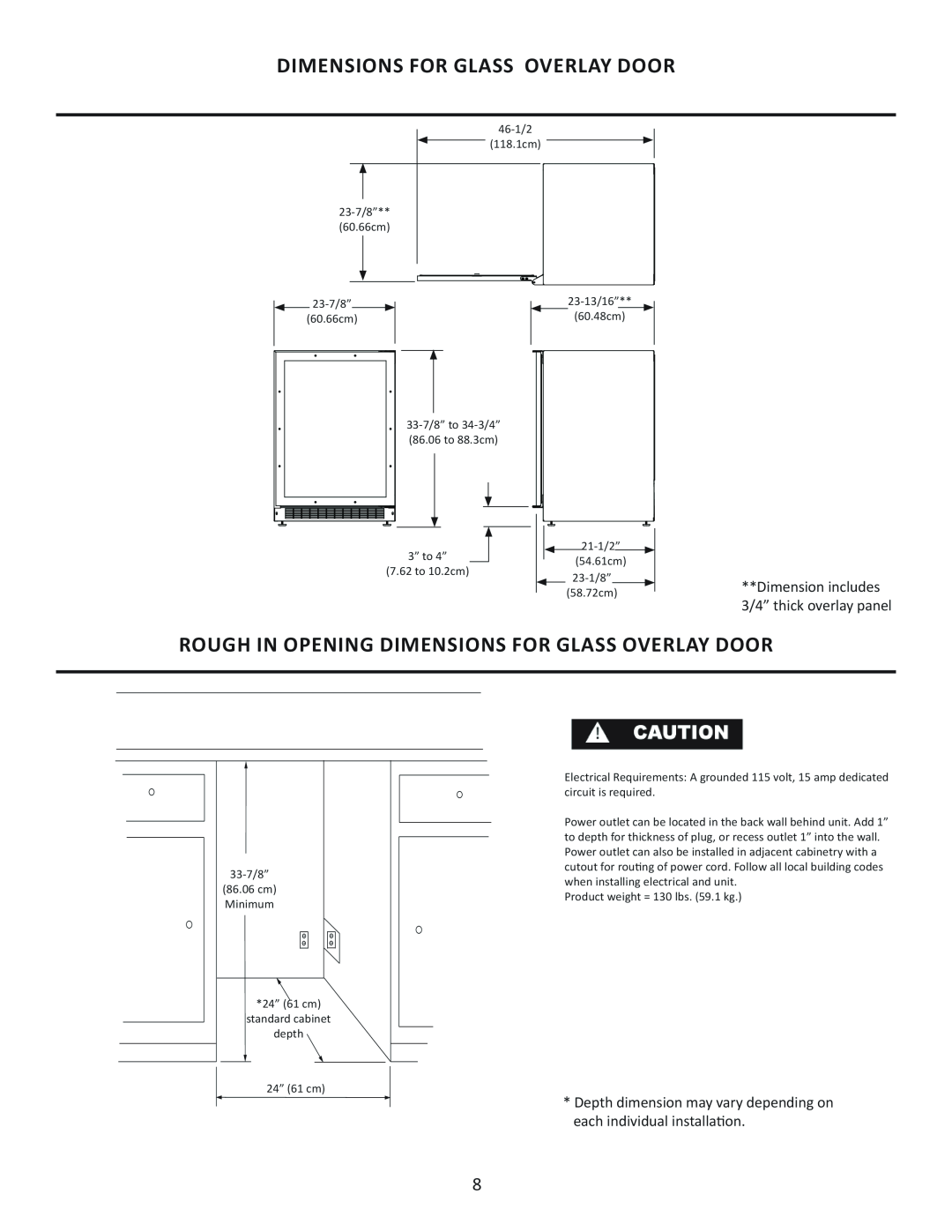 Marvel Group 6GARM Rough In Opening Dimensions For Glass Overlay Door, Dimension includes 3/4” thick overlay panel 