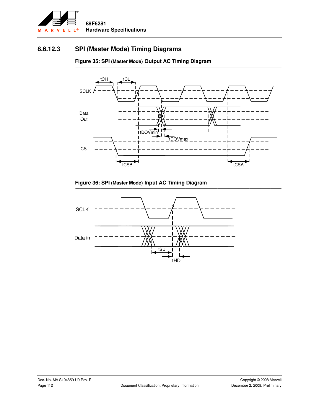 Marvel Group 88F6281 specifications SPI Master Mode Timing Diagrams, TCH tCL, Sclk, Data Out TDOVmin TDOVmax TCSB TCSA 