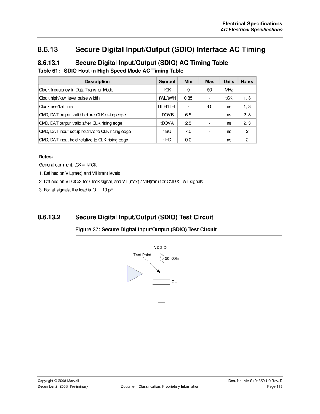 Marvel Group 88F6281 Secure Digital Input/Output Sdio Interface AC Timing, Secure Digital Input/Output Sdio Test Circuit 