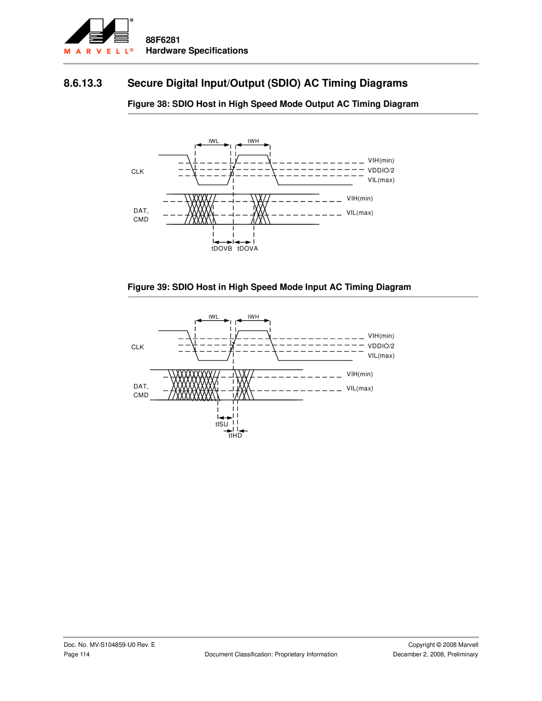 Marvel Group 88F6281 specifications Secure Digital Input/Output Sdio AC Timing Diagrams 