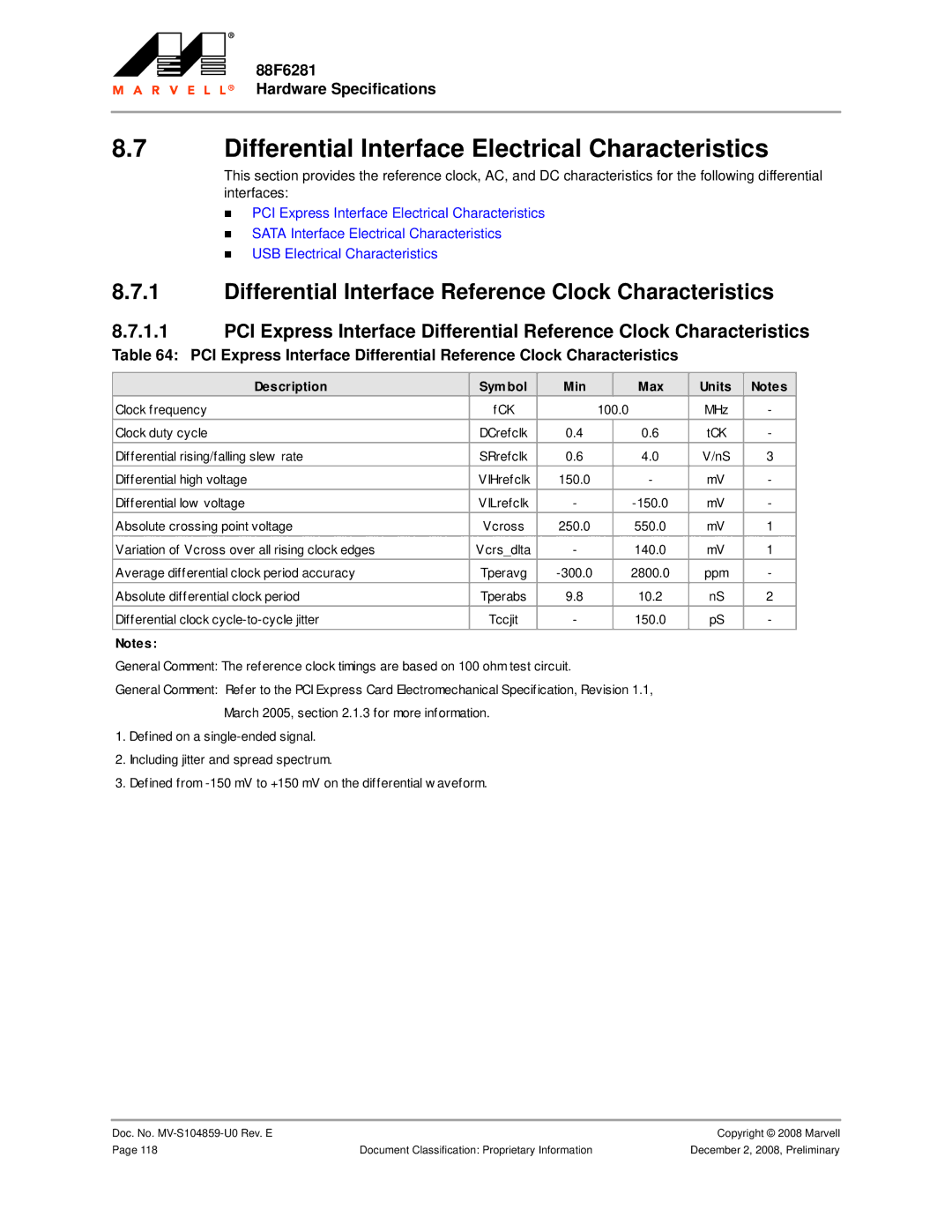 Marvel Group 88F6281 specifications Differential Interface Electrical Characteristics, Clock frequency FCK 100.0 