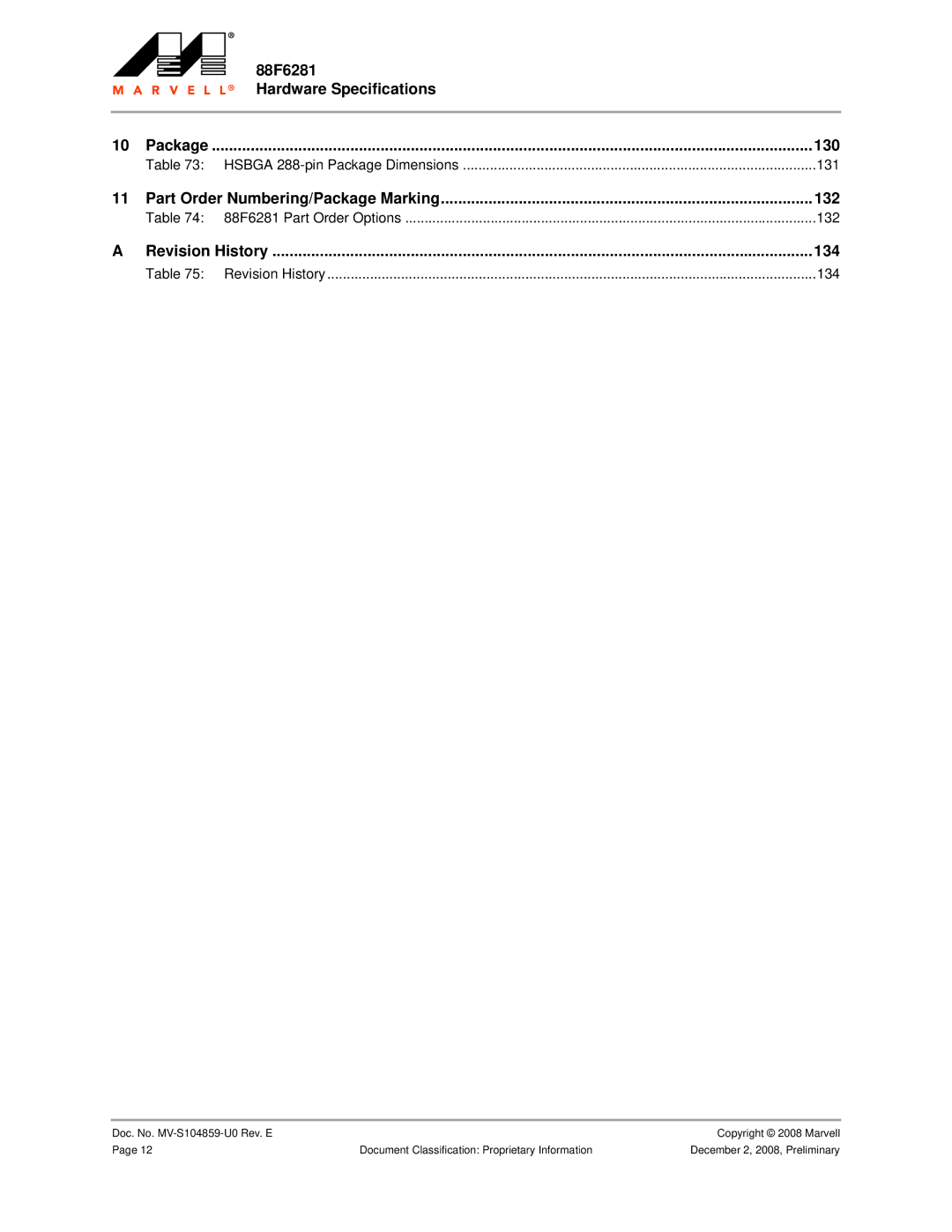 Marvel Group specifications Hsbga 288-pin Package Dimensions 131, 88F6281 Part Order Options 132, Revision History 134 