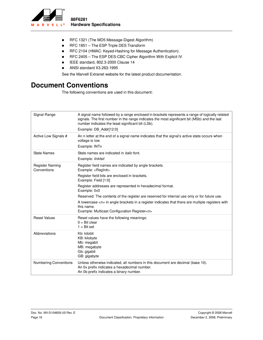 Marvel Group 88F6281 specifications Document Conventions, Following conventions are used in this document 