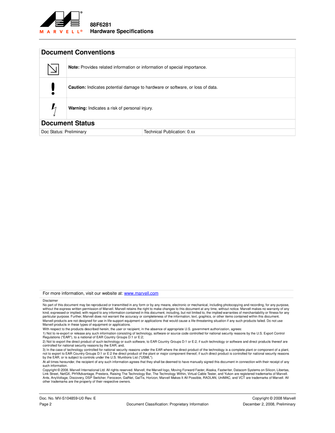 Marvel Group specifications Document Conventions Document Status, 88F6281 Hardware Specifications 