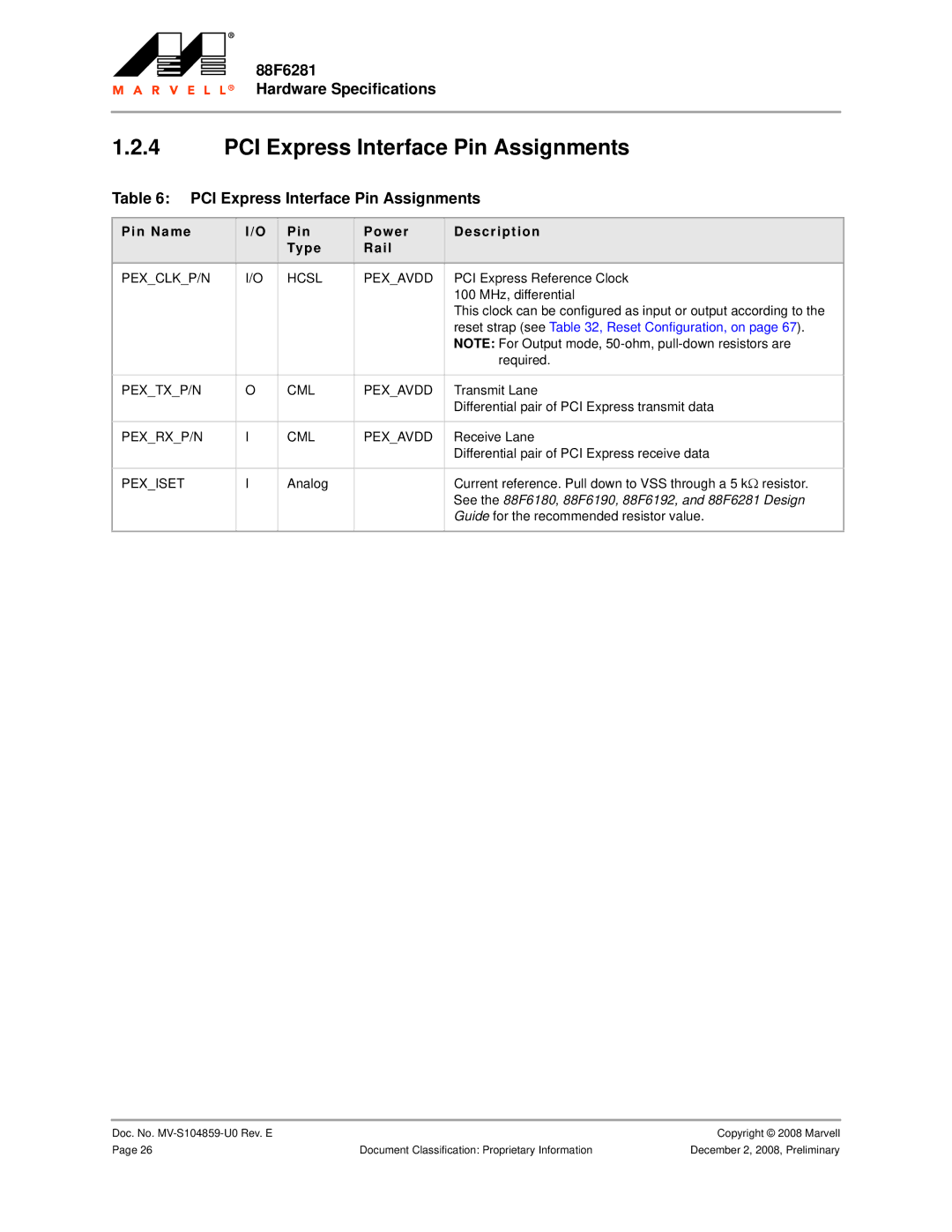 Marvel Group 88F6281 specifications PCI Express Interface Pin Assignments 