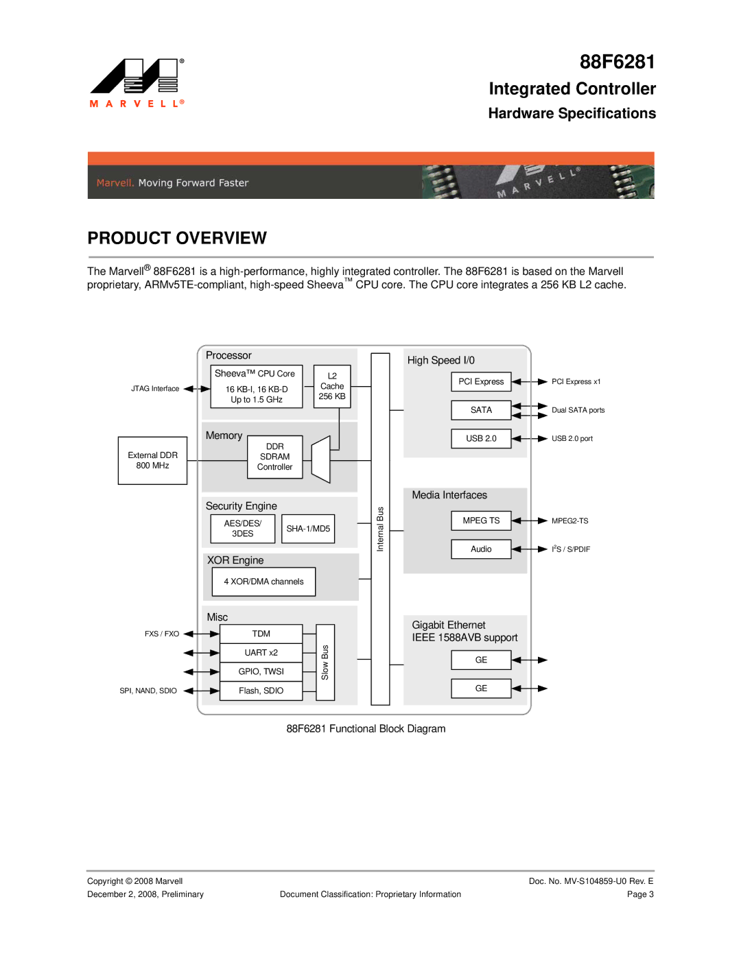 Marvel Group 88F6281 specifications Integrated Controller, Hardware Specifications 