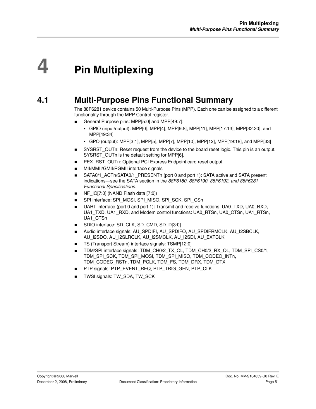 Marvel Group 88F6281 specifications Pin Multiplexing, Multi-Purpose Pins Functional Summary 