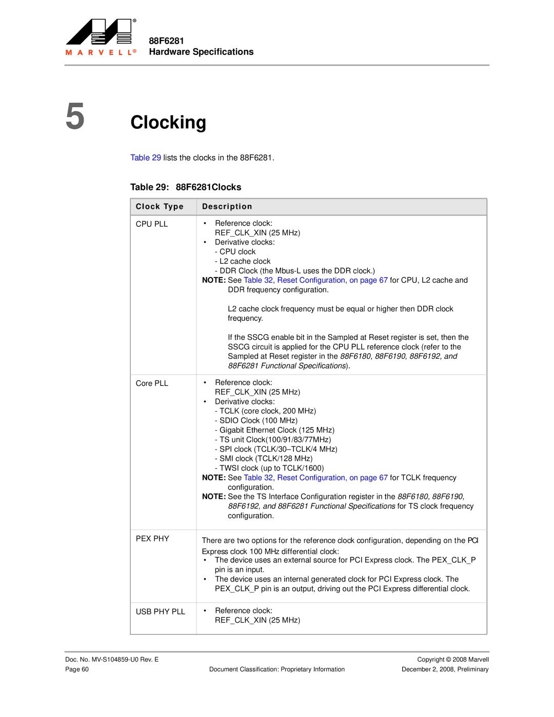 Marvel Group specifications Clocking, 88F6281Clocks, Lists the clocks in the 88F6281, Clock Type Description 