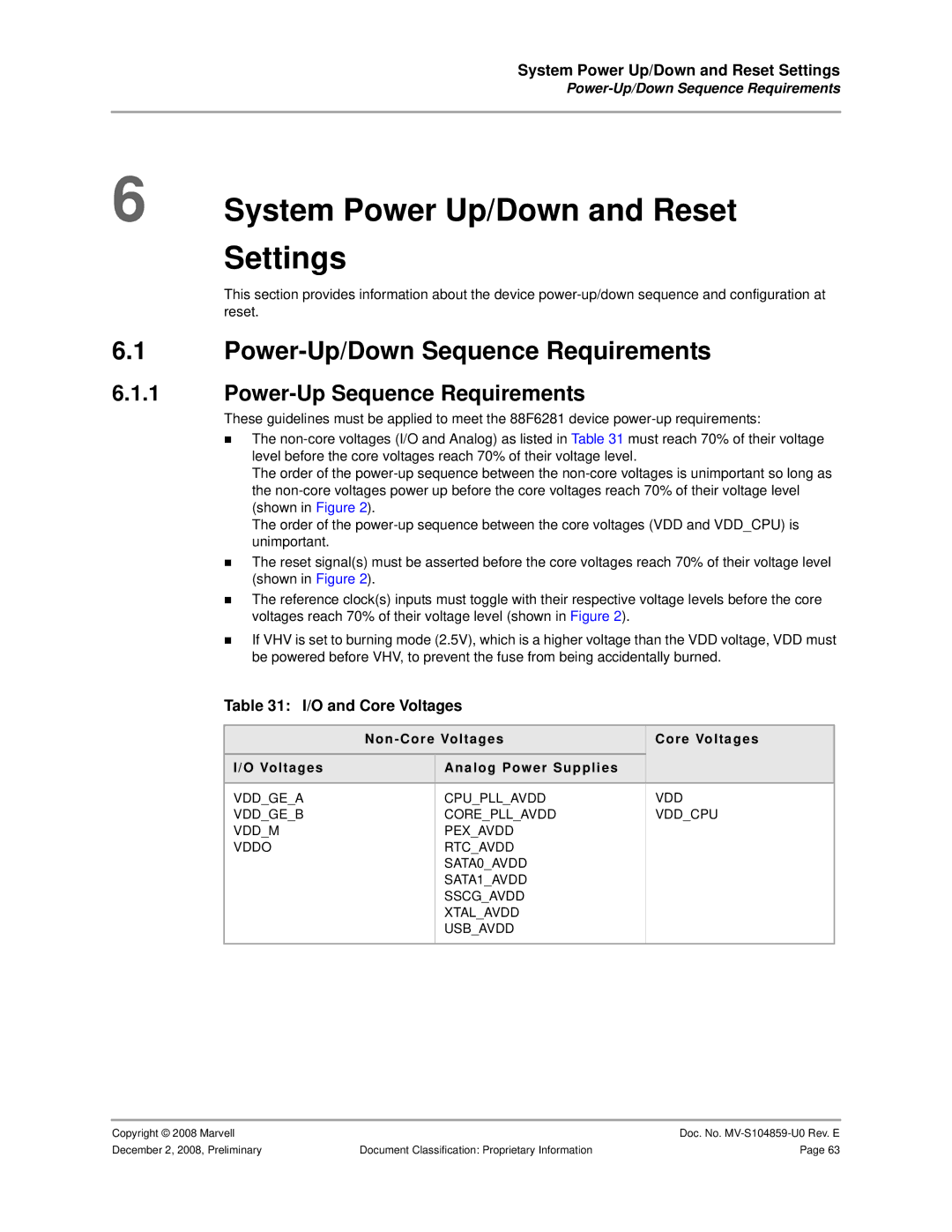 Marvel Group 88F6281 System Power Up/Down and Reset Settings, Power-Up/Down Sequence Requirements, O and Core Voltages 