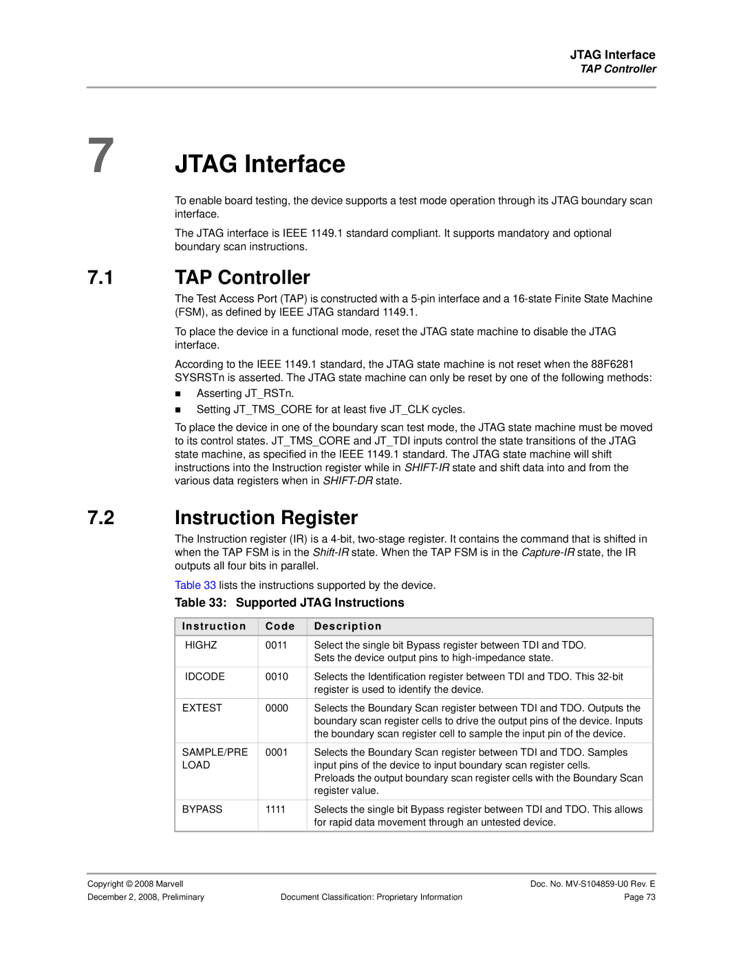 Marvel Group 88F6281 specifications Jtag Interface, TAP Controller, Instruction Register, Supported Jtag Instructions 