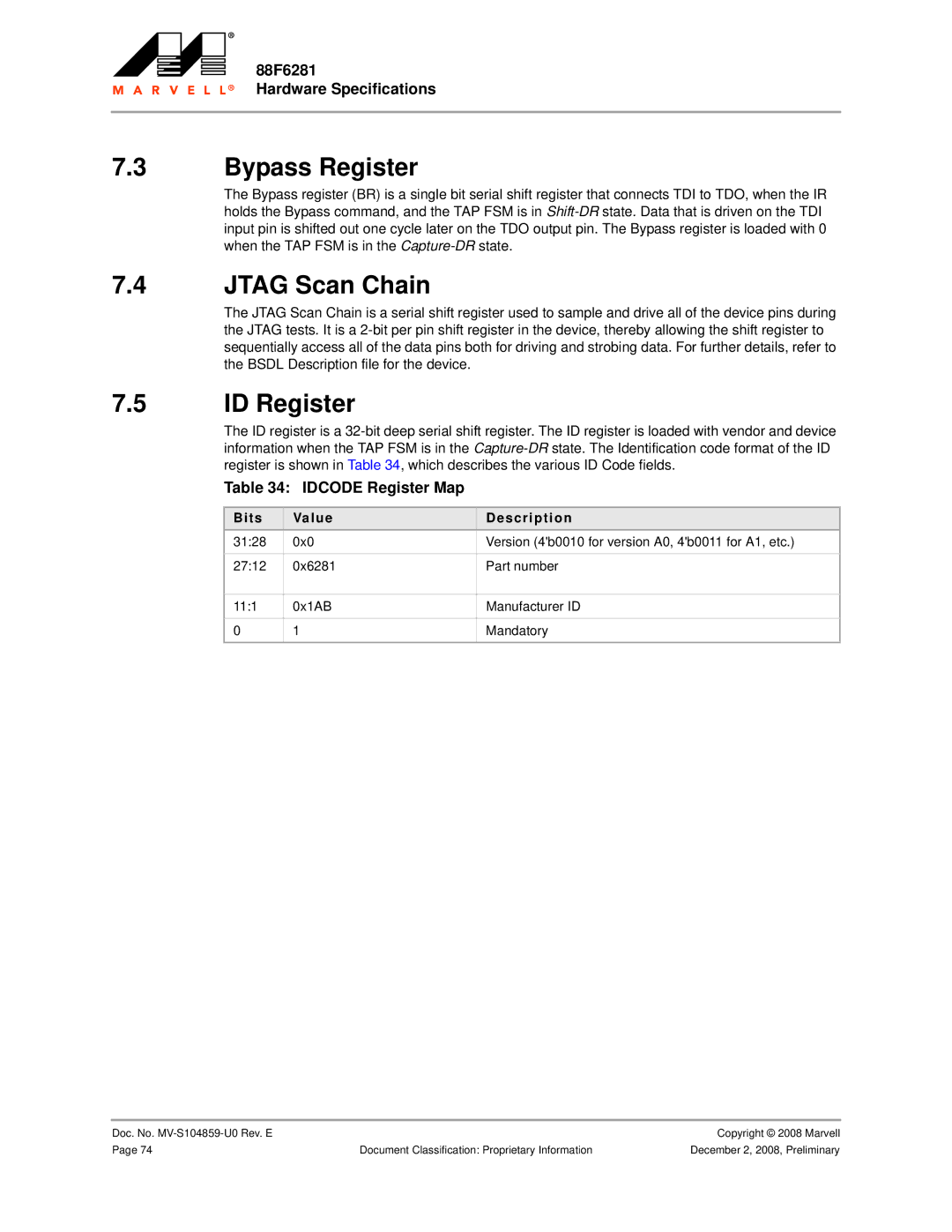 Marvel Group 88F6281 Bypass Register, Jtag Scan Chain, ID Register, Idcode Register Map, Bits Value Description 