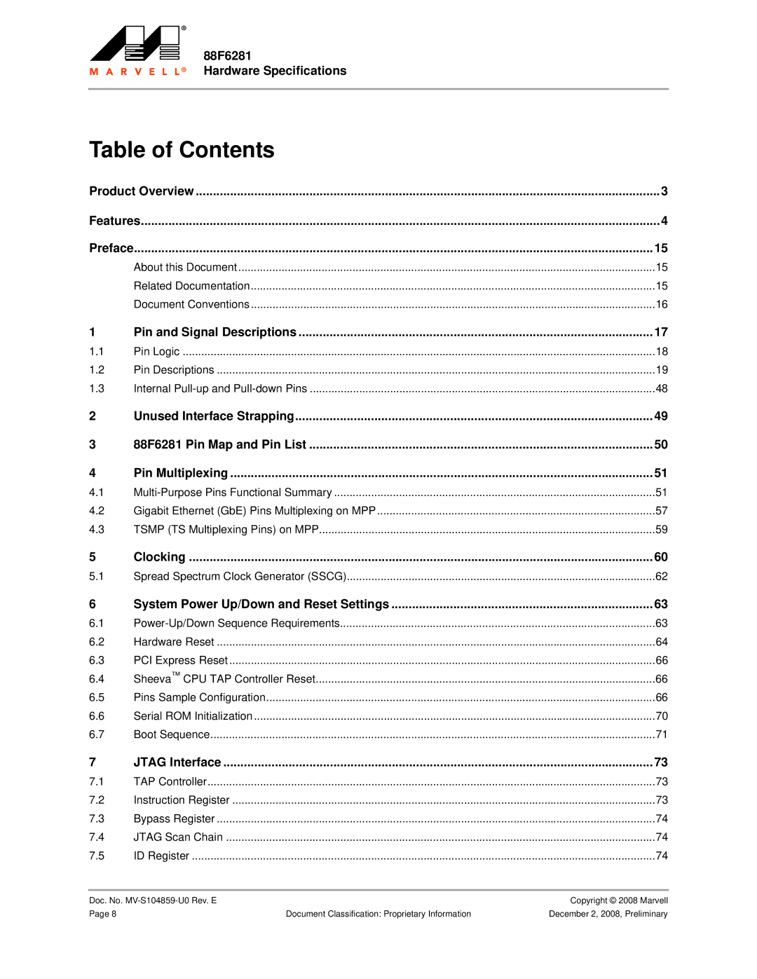 Marvel Group 88F6281 specifications Table of Contents 