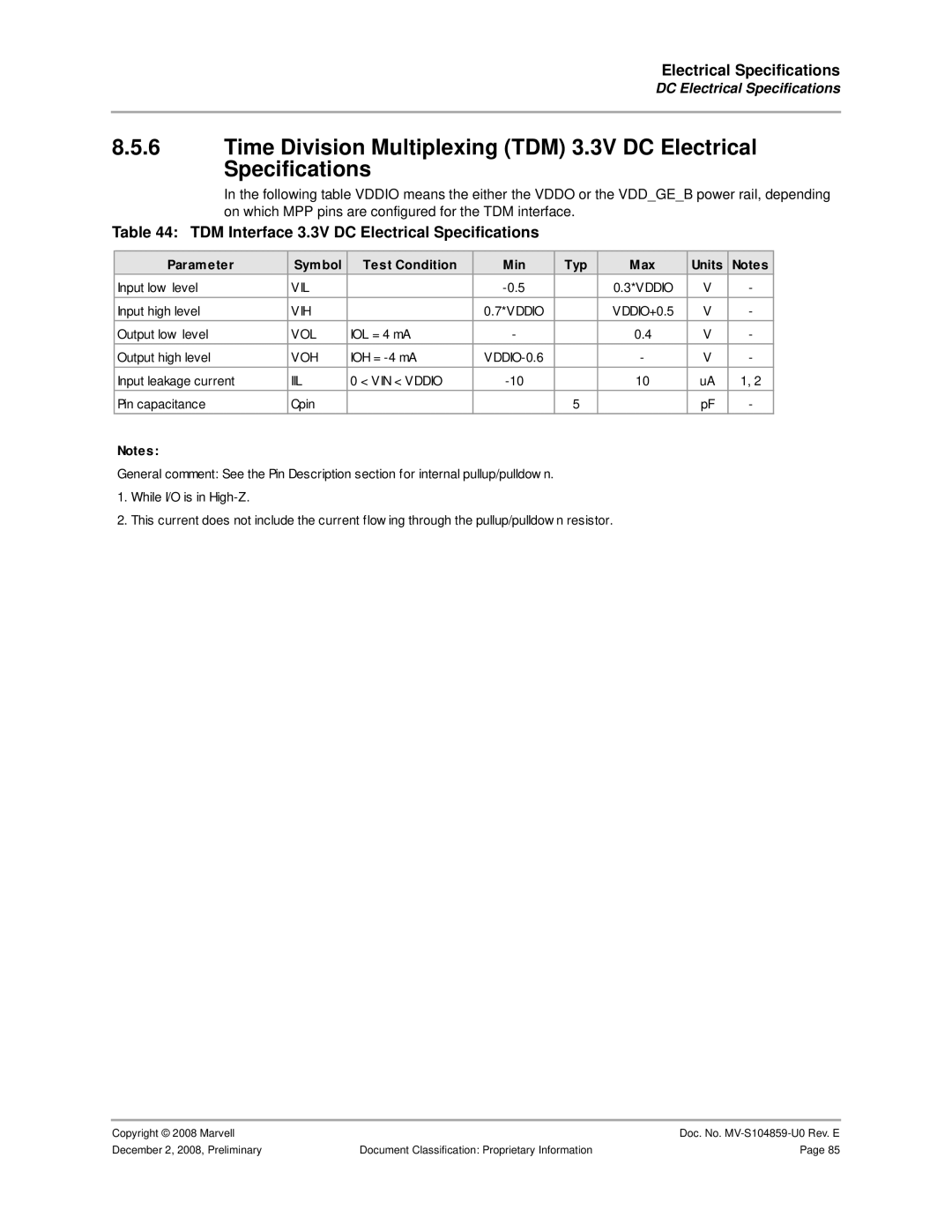 Marvel Group 88F6281 specifications TDM Interface 3.3V DC Electrical Specifications 