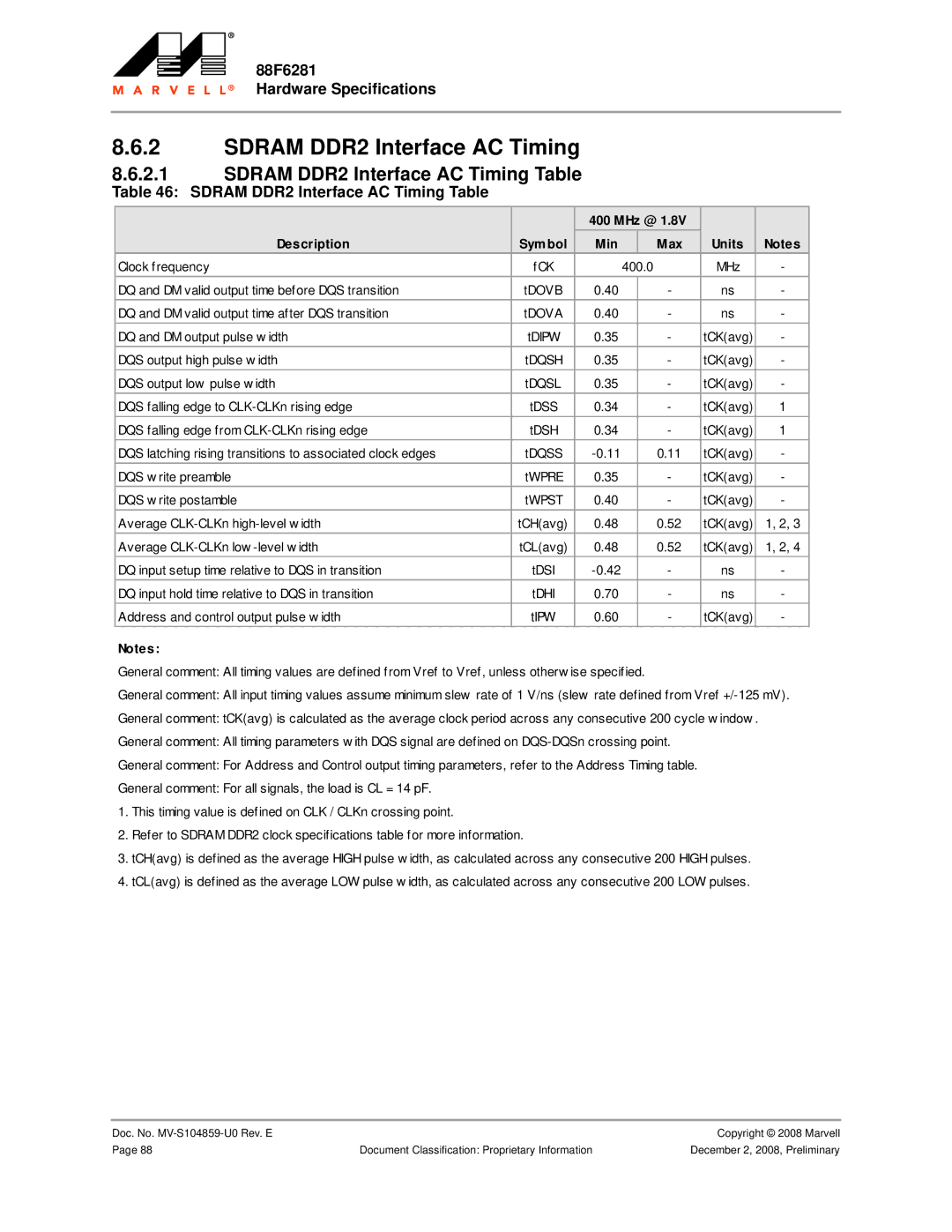 Marvel Group 88F6281 specifications Sdram DDR2 Interface AC Timing Table, MHz @ Description Symbol Min Max 