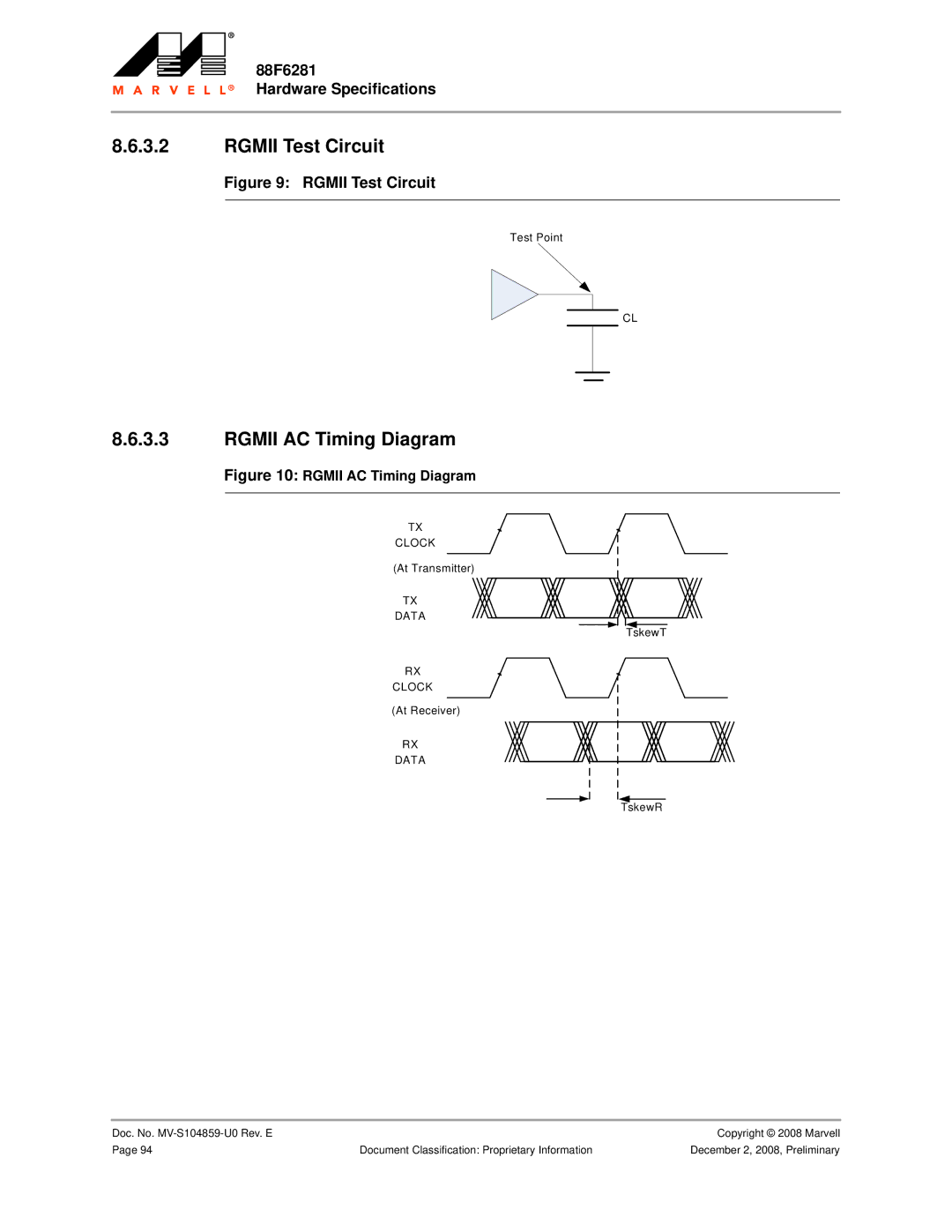 Marvel Group 88F6281 specifications Rgmii Test Circuit, Rgmii AC Timing Diagram 