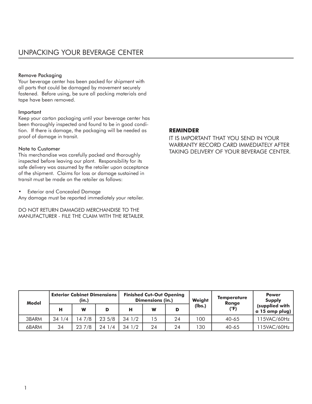 Marvel Industries 3BARM, 6BARM manual Unpacking Your Beverage Center, Reminder 