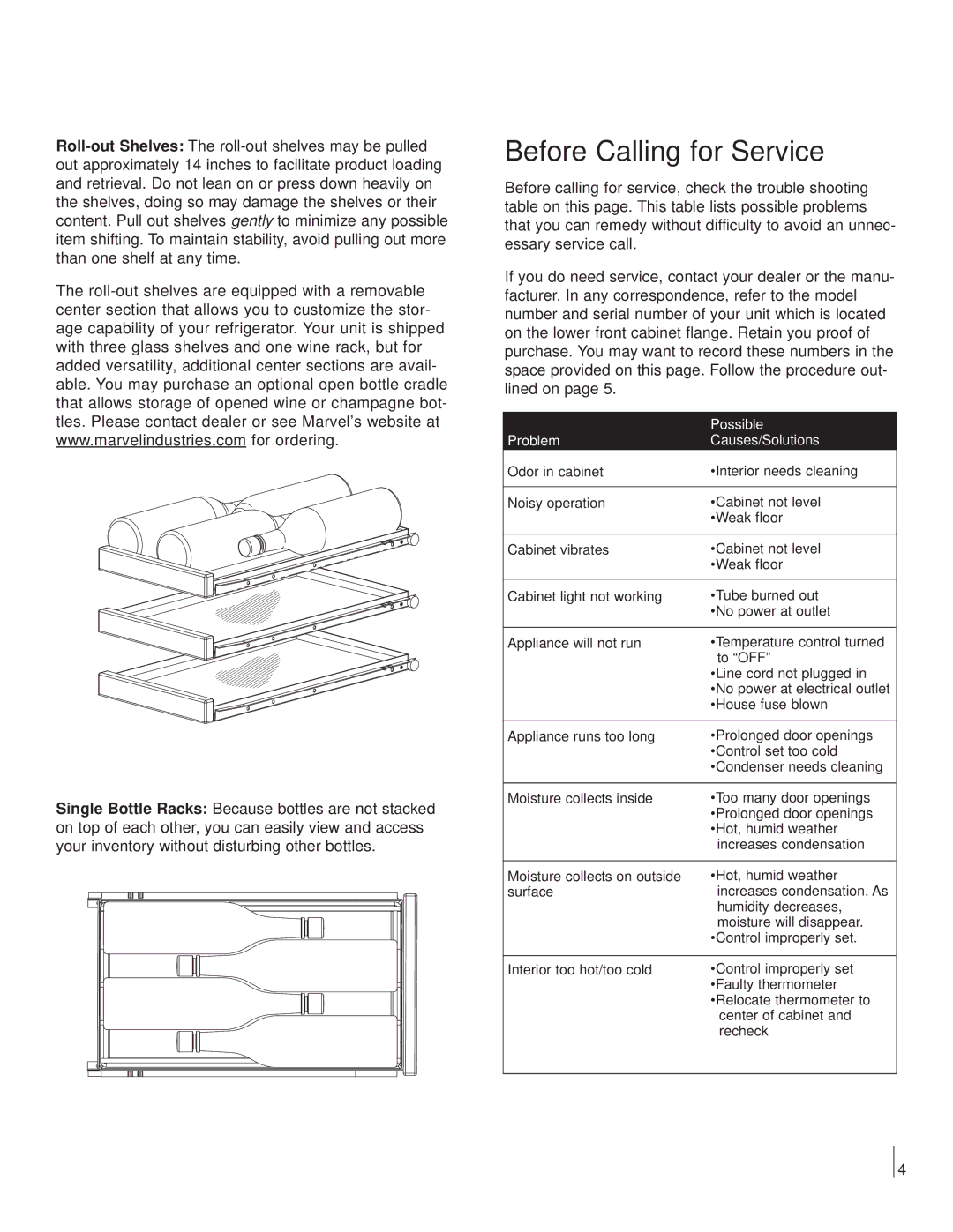 Marvel Industries 3SBAR manual Before Calling for Service, Problem Causes/Solutions 