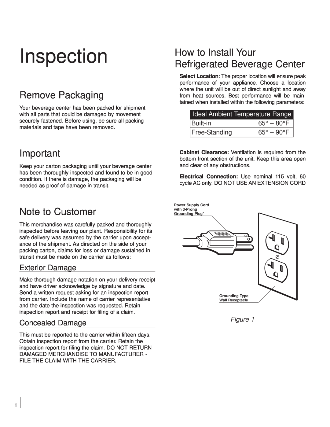 Marvel Industries 3SBAR Inspection, Remove Packaging, Note to Customer, How to Install Your Refrigerated Beverage Center 