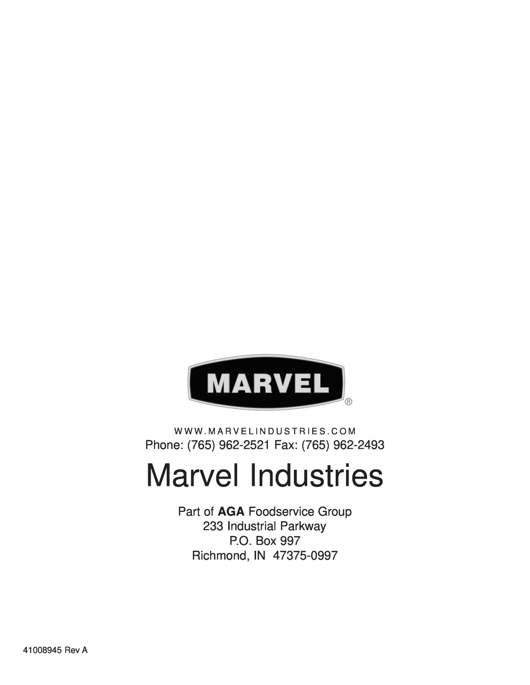 Marvel Industries 3SBAR manual Marvel Industries, Phone 765 962-2521Fax, Part of AGA Foodservice Group 