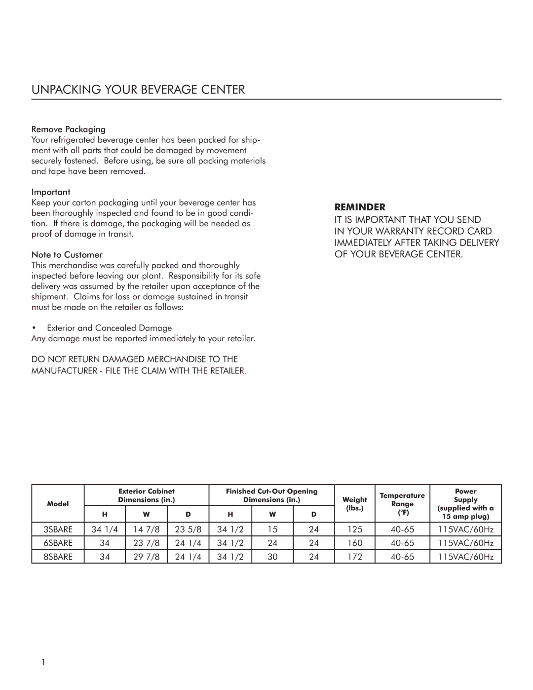 Marvel Industries 3SBARE manual Unpacking Your Beverage Center, Reminder 