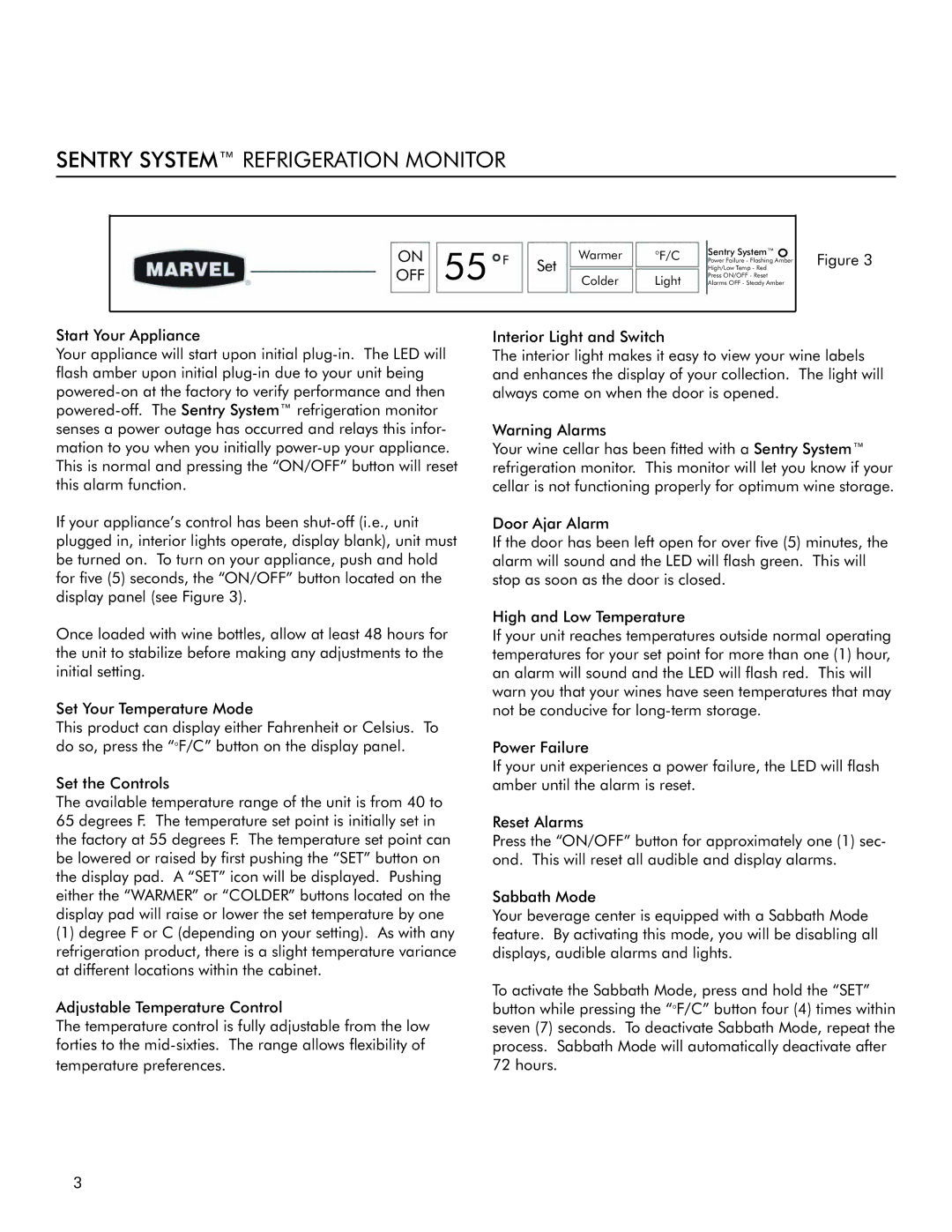 Marvel Industries 3SBARE manual Sentry System Refrigeration Monitor, Off 