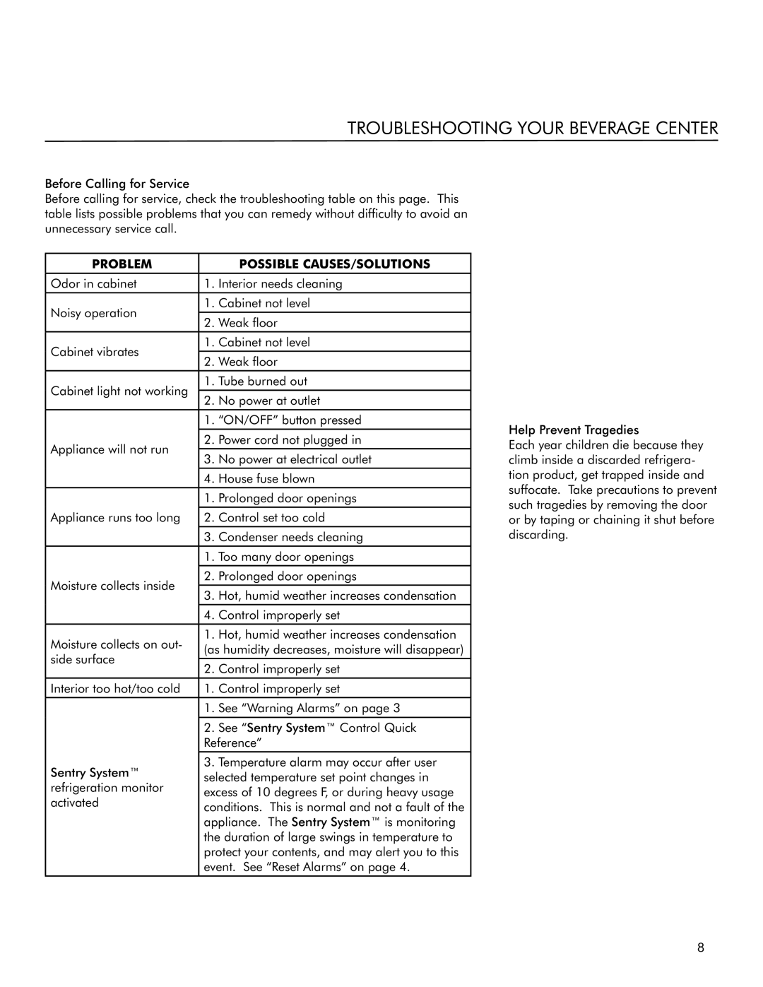 Marvel Industries 3SBARE manual Troubleshooting Your Beverage Center, Problem Possible CAUSES/SOLUTIONS 