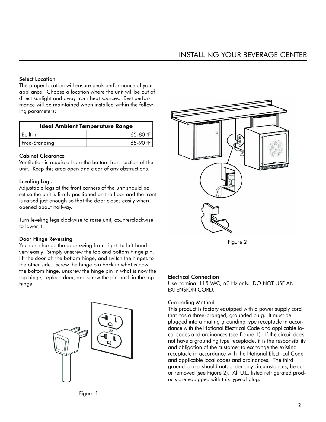 Marvel Industries 3SBARE manual Installing Your Beverage Center, Ideal Ambient Temperature Range 