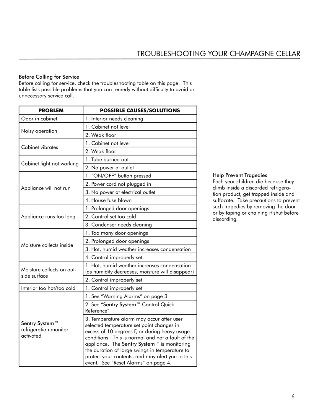 Marvel Industries 3SWCCE manual Troubleshooting Your Champagne Cellar, Problem Possible CAUSES/SOLUTIONS 