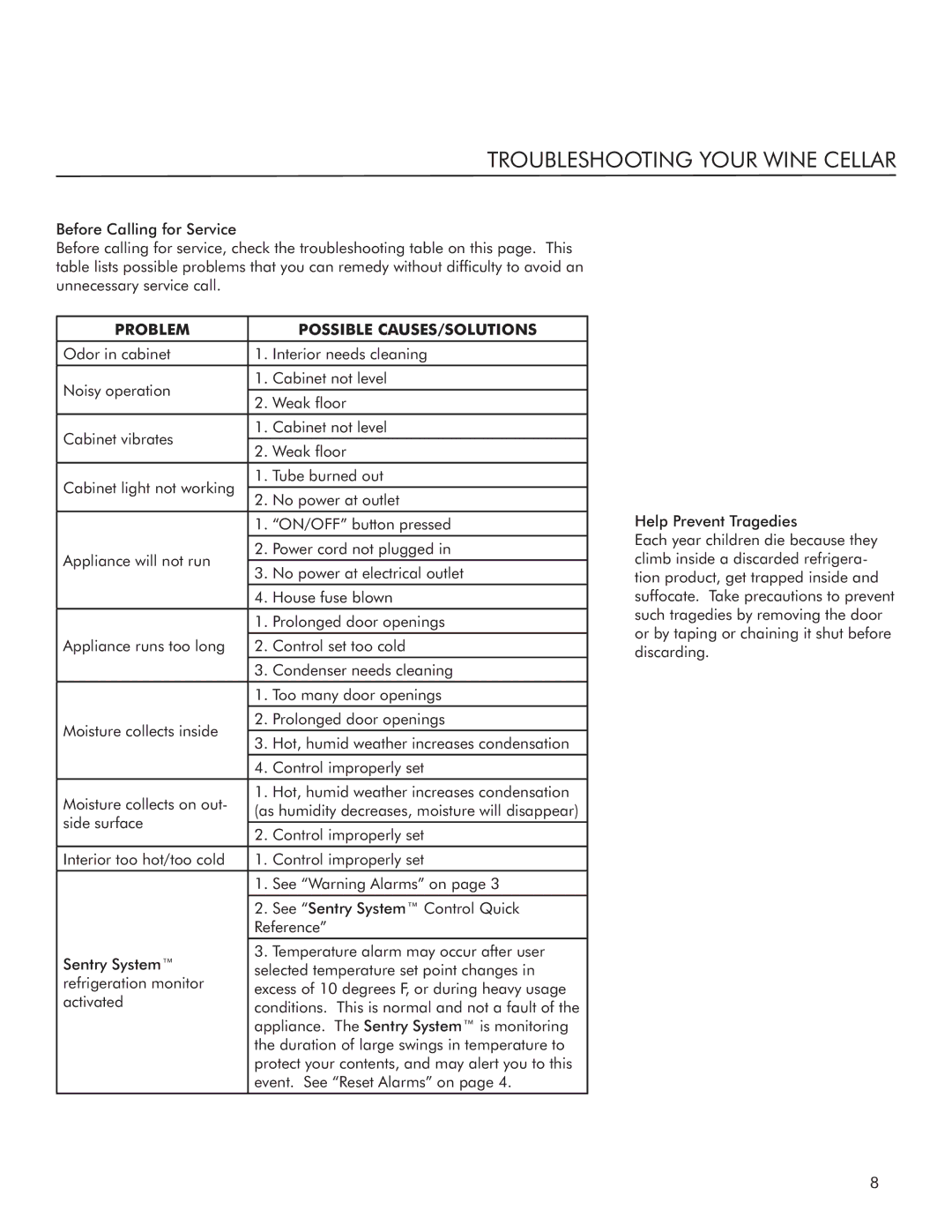 Marvel Industries 3SWCE manual Troubleshooting Your Wine Cellar, Problem Possible CAUSES/SOLUTIONS 