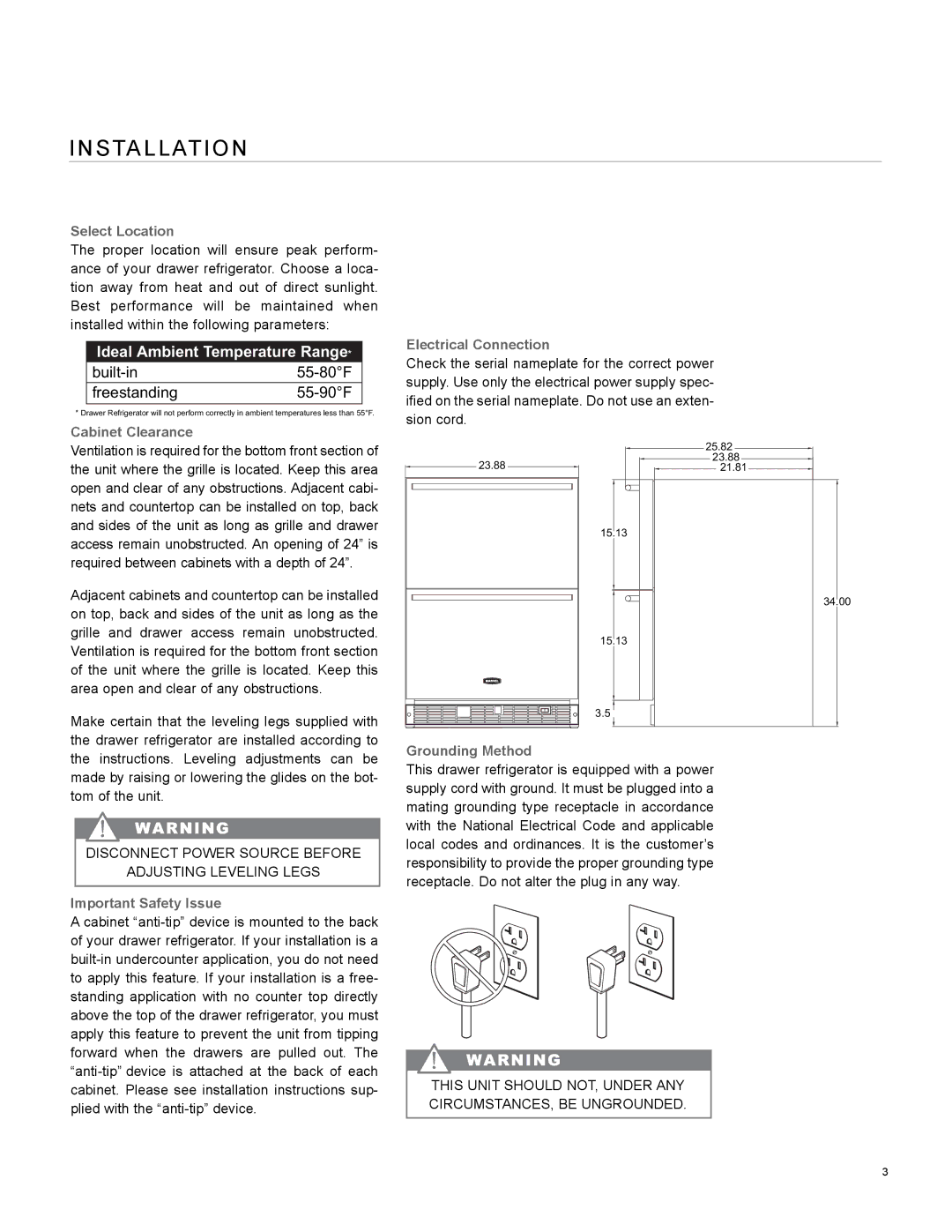 Marvel Industries 60RD S Ta L L At I O N, Select Location, Cabinet Clearance Electrical Connection, Important Safety Issue 