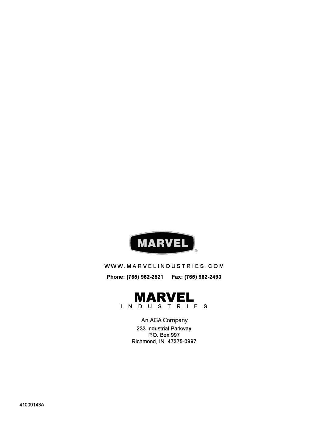 Marvel Industries 60RD manual Phone 765 962-2521 Fax, Marvel 