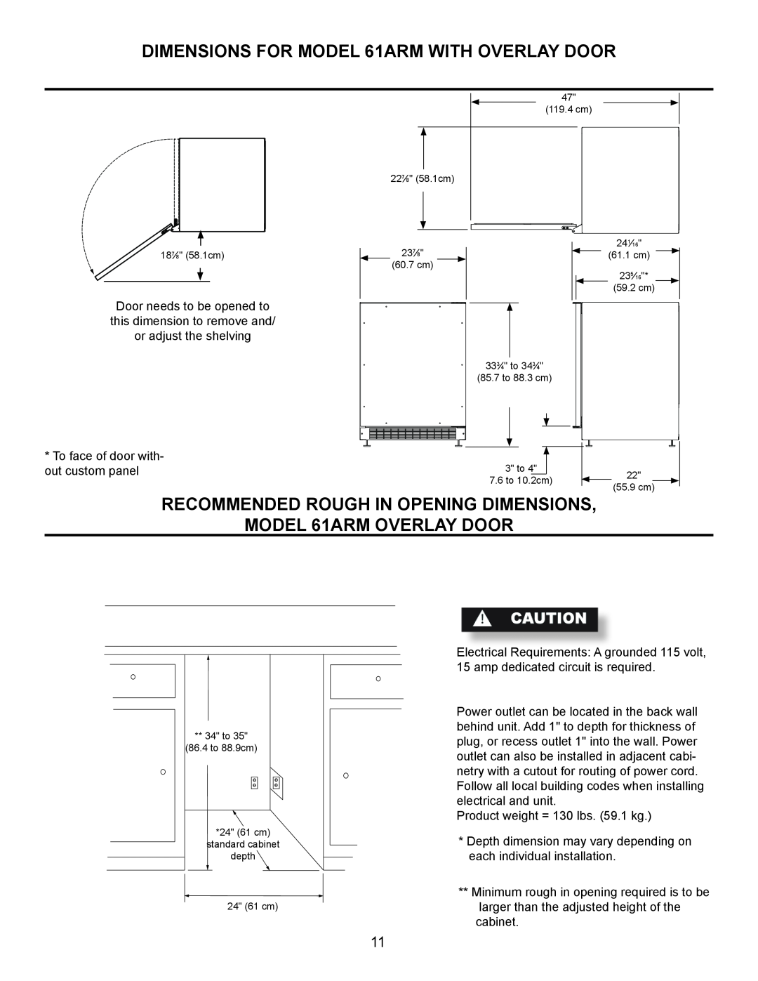 Marvel Industries 61ARMBBOL manual DIMENSIONS FOR MODEL 61ARM WITH OVERLAY DOOR 