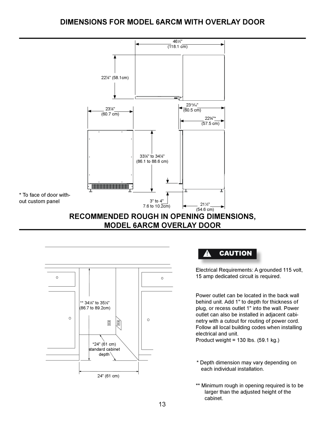 Marvel Industries 61ARMBBOL manual DIMENSIONS FOR MODEL 6ARCM WITH OVERLAY DOOR 