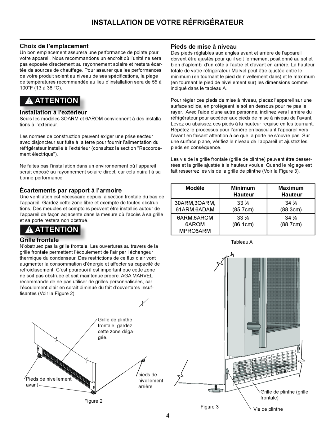 Marvel Industries 61ARMBBOL manual Installation De Votre Réfrigérateur, Choix de l’emplacement, Installation à l’extérieur 