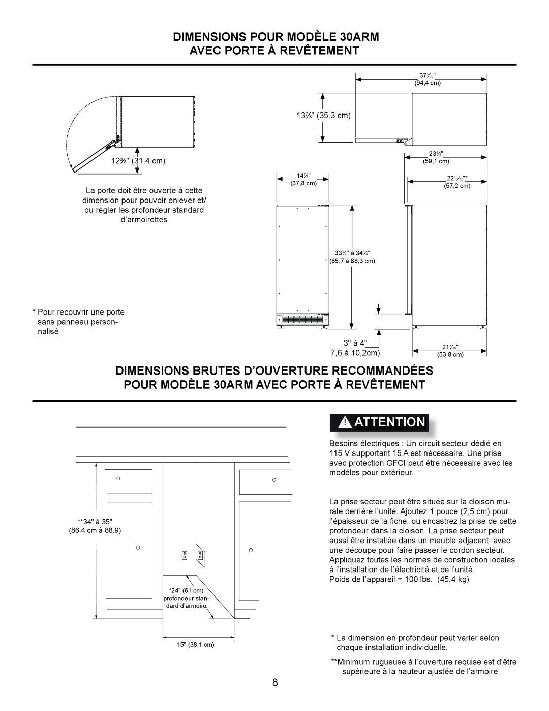 Marvel Industries 61ARMBBOL manual DIMENSIONS POUR MODÈLE 30ARM AVEC PORTE À REVÊTEMENT 