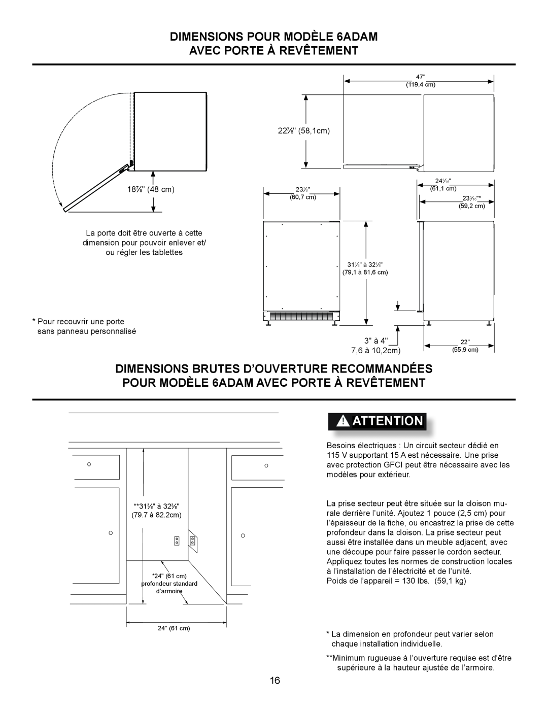 Marvel Industries 61ARMBBOL manual DIMENSIONS POUR MODÈLE 6ADAM AVEC PORTE À REVÊTEMENT 