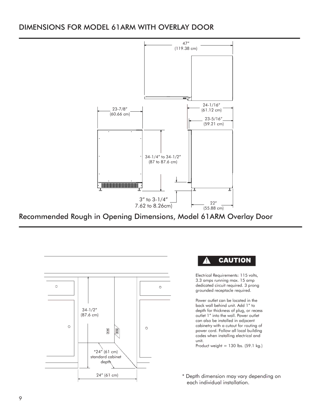 Marvel Industries 61ARMBSFR, 61ARMBSFL, 61ARMBBOR manual Dimensions for Model 61ARM with Overlay Door 